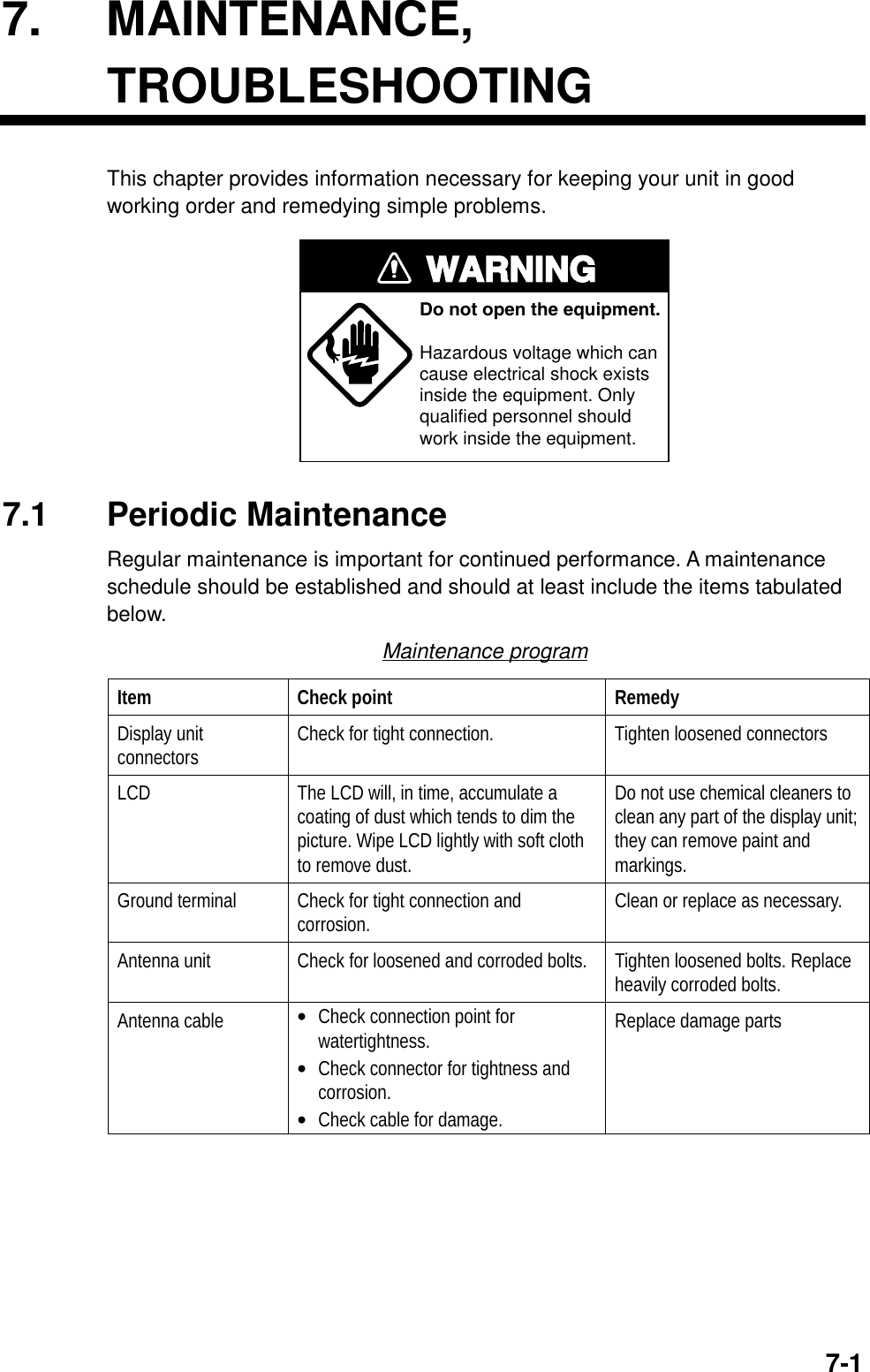 7-17. MAINTENANCE,TROUBLESHOOTINGThis chapter provides information necessary for keeping your unit in goodworking order and remedying simple problems.WARNINGDo not open the equipment.Hazardous voltage which cancause electrical shock existsinside the equipment. Only qualified personnel should work inside the equipment.7.1 Periodic MaintenanceRegular maintenance is important for continued performance. A maintenanceschedule should be established and should at least include the items tabulatedbelow.Maintenance programItem Check point RemedyDisplay unitconnectors Check for tight connection. Tighten loosened connectorsLCD The LCD will, in time, accumulate acoating of dust which tends to dim thepicture. Wipe LCD lightly with soft clothto remove dust.Do not use chemical cleaners toclean any part of the display unit;they can remove paint andmarkings.Ground terminal Check for tight connection andcorrosion. Clean or replace as necessary.Antenna unit Check for loosened and corroded bolts. Tighten loosened bolts. Replaceheavily corroded bolts.Antenna cable • Check connection point forwatertightness.• Check connector for tightness andcorrosion.• Check cable for damage.Replace damage parts