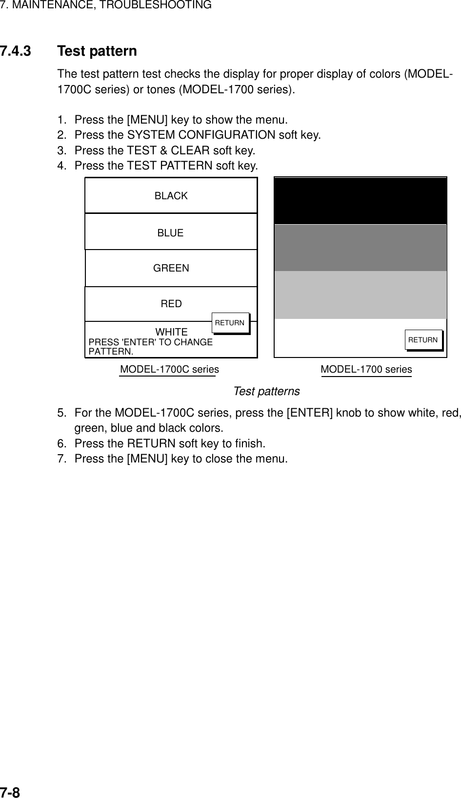 7. MAINTENANCE, TROUBLESHOOTING7-87.4.3 Test patternThe test pattern test checks the display for proper display of colors (MODEL-1700C series) or tones (MODEL-1700 series).1. Press the [MENU] key to show the menu.2. Press the SYSTEM CONFIGURATION soft key.3. Press the TEST &amp; CLEAR soft key.4. Press the TEST PATTERN soft key.RETURNGREENBLACKBLUEGREENREDWHITEPRESS &apos;ENTER&apos; TO CHANGEPATTERN.RETURNRETURNMODEL-1700C series                                    MODEL-1700 seriesTest patterns5. For the MODEL-1700C series, press the [ENTER] knob to show white, red,green, blue and black colors.6. Press the RETURN soft key to finish.7. Press the [MENU] key to close the menu.