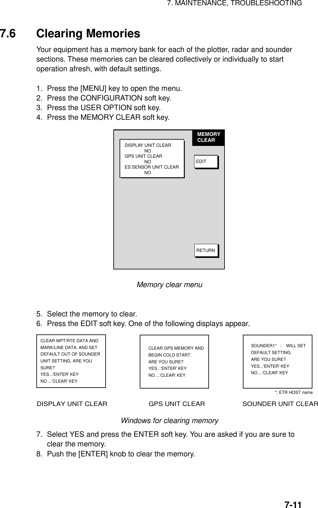 7. MAINTENANCE, TROUBLESHOOTING7-117.6 Clearing MemoriesYour equipment has a memory bank for each of the plotter, radar and soundersections. These memories can be cleared collectively or individually to startoperation afresh, with default settings.1.  Press the [MENU] key to open the menu.2.  Press the CONFIGURATION soft key.3.  Press the USER OPTION soft key.4.  Press the MEMORY CLEAR soft key.MEMORYCLEAR DISPLAY UNIT CLEARGPS UNIT CLEARES SENSOR UNIT CLEARRETURNNONONOEDITMemory clear menu5.  Select the memory to clear.6.  Press the EDIT soft key. One of the following displays appear.CLEAR WPT/RTE DATA ANDMARK/LINE DATA. AND SETDEFAULT OUT OF SOUNDERUNIT SETTING. ARE YOUSURE?YES...&apos;ENTER&apos; KEYNO ...&apos;CLEAR&apos; KEYDISPLAY UNIT CLEAR                      GPS UNIT CLEAR                    SOUNDER UNIT CLEARCLEAR GPS MEMORY ANDBEGIN COLD START.ARE YOU SURE?YES...&apos;ENTER&apos; KEYNO ...&apos;CLEAR&apos; KEYSOUNDER1*   :    WILL SETDEFAULT SETTING.ARE YOU SURE?YES...&apos;ENTER&apos; KEYNO ...&apos;CLEAR&apos; KEY*: ETR HOST nameWindows for clearing memory7.  Select YES and press the ENTER soft key. You are asked if you are sure toclear the memory.8.  Push the [ENTER] knob to clear the memory.