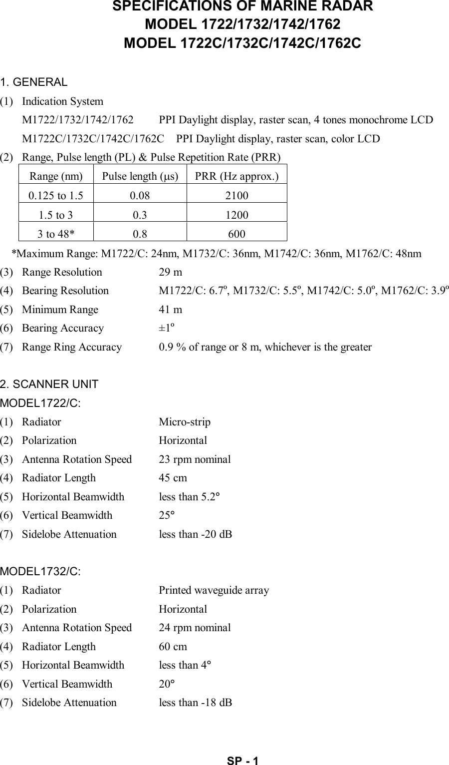   SP - 1 SPECIFICATIONS OF MARINE RADAR MODEL 1722/1732/1742/1762 MODEL 1722C/1732C/1742C/1762C  1. GENERAL (1)  Indication System M1722/1732/1742/1762  PPI Daylight display, raster scan, 4 tones monochrome LCD M1722C/1732C/1742C/1762C  PPI Daylight display, raster scan, color LCD (2)   Range, Pulse length (PL) &amp; Pulse Repetition Rate (PRR) Range (nm)  Pulse length (µs)  PRR (Hz approx.) 0.125 to 1.5  0.08  2100 1.5 to 3  0.3  1200 3 to 48*  0.8  600   *Maximum Range: M1722/C: 24nm, M1732/C: 36nm, M1742/C: 36nm, M1762/C: 48nm (3)   Range Resolution  29 m (4)   Bearing Resolution  M1722/C: 6.7º, M1732/C: 5.5º, M1742/C: 5.0º, M1762/C: 3.9º (5)   Minimum Range  41 m (6)  Bearing Accuracy  ±1º (7)   Range Ring Accuracy  0.9 % of range or 8 m, whichever is the greater  2. SCANNER UNIT MODEL1722/C: (1)  Radiator  Micro-strip (2)  Polarization  Horizontal (3)   Antenna Rotation Speed  23 rpm nominal (4)   Radiator Length  45 cm (5)   Horizontal Beamwidth  less than 5.2° (6)  Vertical Beamwidth  25° (7)   Sidelobe Attenuation  less than -20 dB  MODEL1732/C: (1)   Radiator  Printed waveguide array (2)  Polarization  Horizontal (3)   Antenna Rotation Speed  24 rpm nominal (4)   Radiator Length  60 cm (5)   Horizontal Beamwidth  less than 4° (6)  Vertical Beamwidth  20° (7)   Sidelobe Attenuation  less than -18 dB 