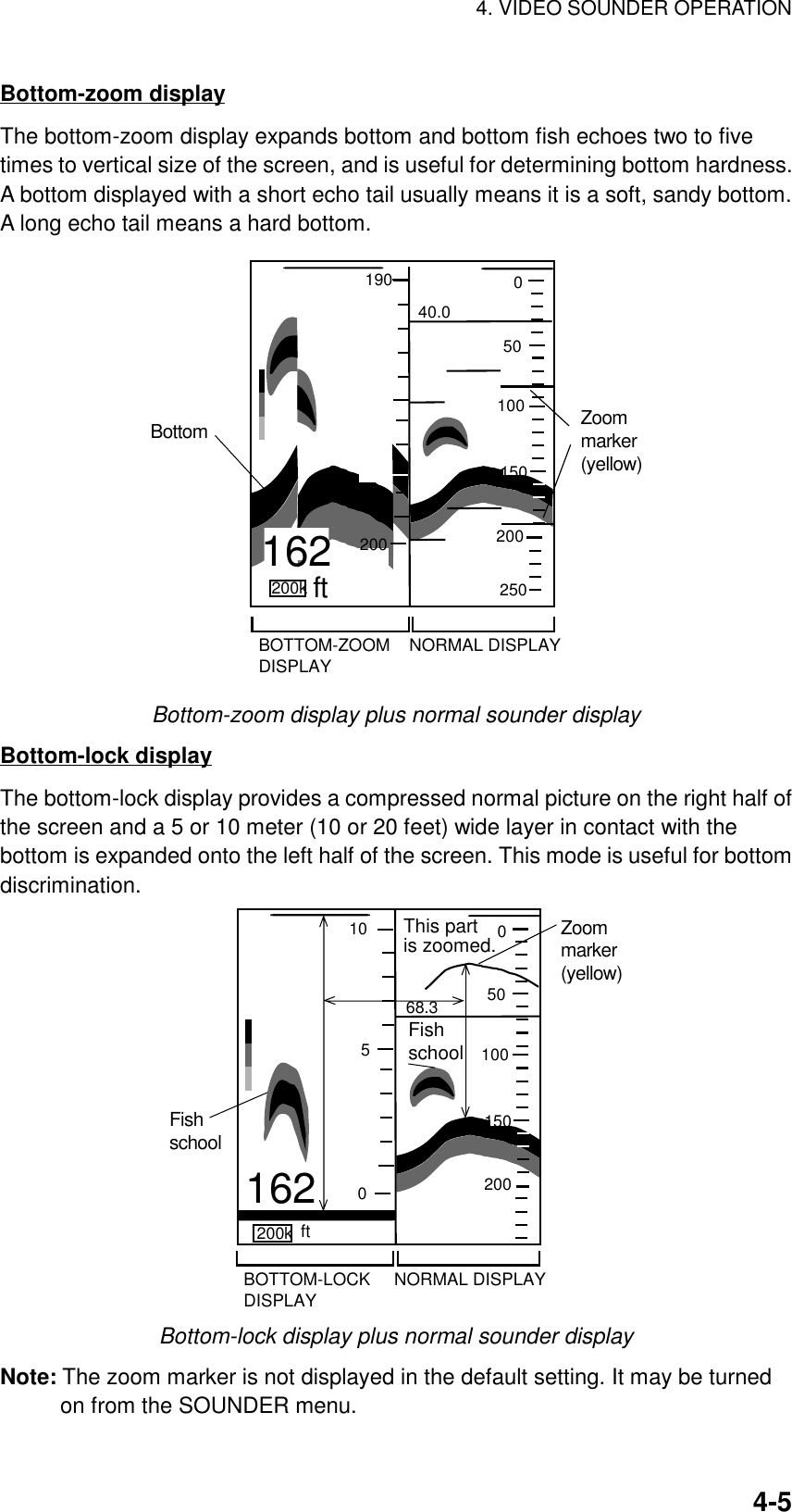 4. VIDEO SOUNDER OPERATION4-5Bottom-zoom displayThe bottom-zoom display expands bottom and bottom fish echoes two to fivetimes to vertical size of the screen, and is useful for determining bottom hardness.A bottom displayed with a short echo tail usually means it is a soft, sandy bottom.A long echo tail means a hard bottom.200k16240.0BottomNORMAL DISPLAYZoommarker(yellow)ftBOTTOM-ZOOMDISPLAY050100150200190200250Bottom-zoom display plus normal sounder displayBottom-lock displayThe bottom-lock display provides a compressed normal picture on the right half ofthe screen and a 5 or 10 meter (10 or 20 feet) wide layer in contact with thebottom is expanded onto the left half of the screen. This mode is useful for bottomdiscrimination.200k16268.3This partis zoomed.FishschoolFishschoolZoommarker(yellow)ftNORMAL DISPLAYBOTTOM-LOCKDISPLAY05010015020010   05Bottom-lock display plus normal sounder displayNote: The zoom marker is not displayed in the default setting. It may be turnedon from the SOUNDER menu.