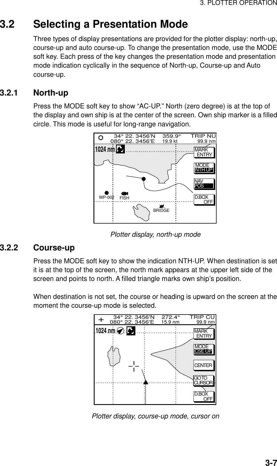 3. PLOTTER OPERATION3-73.2 Selecting a Presentation ModeThree types of display presentations are provided for the plotter display: north-up,course-up and auto course-up. To change the presentation mode, use the MODEsoft key. Each press of the key changes the presentation mode and presentationmode indication cyclically in the sequence of North-up, Course-up and Autocourse-up.3.2.1 North-upPress the MODE soft key to show “AC-UP.” North (zero degree) is at the top ofthe display and own ship is at the center of the screen. Own ship marker is a filledcircle. This mode is useful for long-range navigation.D.BOXOFFMARK  ENTRYBRIDGEFISHWP-002MODENTH UPNAVPOS  34° 22. 3456&apos;N    359.9°      TRIP NU080° 22. 3456&apos;E    19.9 kt              99.9 nm1024 nmPlotter display, north-up mode3.2.2 Course-upPress the MODE soft key to show the indication NTH-UP. When destination is setit is at the top of the screen, the north mark appears at the upper left side of thescreen and points to north. A filled triangle marks own ship’s position.When destination is not set, the course or heading is upward on the screen at themoment the course-up mode is selected.1024 nm  34° 22. 3456&apos;N    272.4°      TRIP CU080° 22. 3456&apos;E    15.9 nm            99.9 nm+D.BOXOFFMARK  ENTRYMODECSE UPGO TOCURSORCENTERPlotter display, course-up mode, cursor on