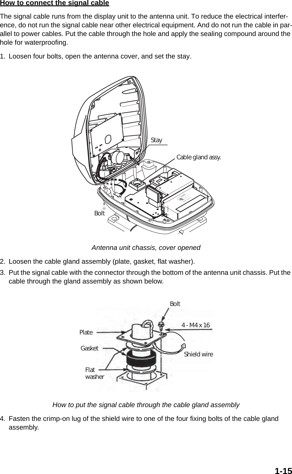 1-15How to connect the signal cableThe signal cable runs from the display unit to the antenna unit. To reduce the electrical interfer-ence, do not run the signal cable near other electrical equipment. And do not run the cable in par-allel to power cables. Put the cable through the hole and apply the sealing compound around the hole for waterproofing.1. Loosen four bolts, open the antenna cover, and set the stay. Antenna unit chassis, cover opened2. Loosen the cable gland assembly (plate, gasket, flat washer).3. Put the signal cable with the connector through the bottom of the antenna unit chassis. Put the cable through the gland assembly as shown below. How to put the signal cable through the cable gland assembly4. Fasten the crimp-on lug of the shield wire to one of the four fixing bolts of the cable gland assembly. StayCable gland assy.BoltPlateBolt4 - M4 x 16GasketFlatwasherShield wire