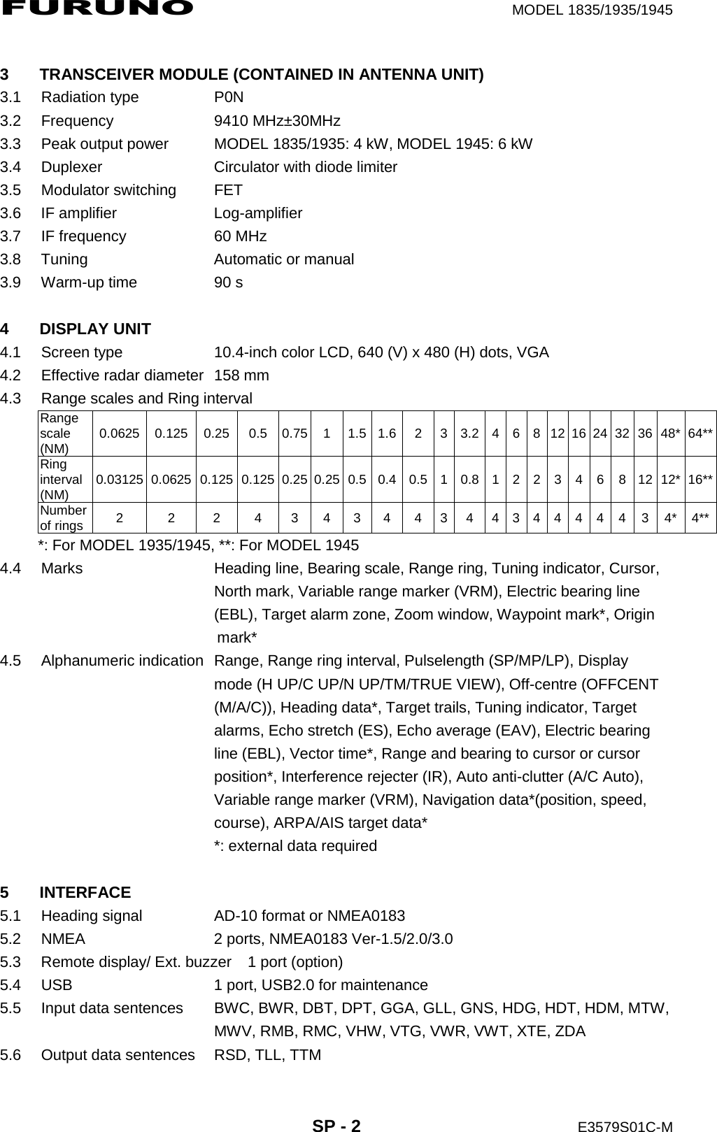 FURUNO  MODEL 1835/1935/1945  SP - 2  E3579S01C-M  3  TRANSCEIVER MODULE (CONTAINED IN ANTENNA UNIT) 3.1 Radiation type  P0N 3.2 Frequency  9410 MHz±30MHz 3.3  Peak output power  MODEL 1835/1935: 4 kW, MODEL 1945: 6 kW 3.4  Duplexer  Circulator with diode limiter 3.5 Modulator switching  FET 3.6 IF amplifier  Log-amplifier 3.7  IF frequency  60 MHz 3.8 Tuning  Automatic or manual 3.9  Warm-up time  90 s  4 DISPLAY UNIT 4.1  Screen type  10.4-inch color LCD, 640 (V) x 480 (H) dots, VGA 4.2  Effective radar diameter  158 mm 4.3  Range scales and Ring interval Range scale (NM)  0.0625 0.125 0.25  0.5 0.75 1 1.5 1.6 2 3 3.2 4 6 8 12 16 24 32 36 48* 64**Ring interval (NM)  0.03125 0.0625 0.125 0.125 0.25 0.25 0.5 0.4 0.5 1 0.8 1 2  2  3  4  6  8 12 12* 16**Number of rings  2 2 2 4 3 4 3 4 4 3 4 4 3 4 4 4 4 4 3 4* 4**          *: For MODEL 1935/1945, **: For MODEL 1945 4.4  Marks  Heading line, Bearing scale, Range ring, Tuning indicator, Cursor,   North mark, Variable range marker (VRM), Electric bearing line   (EBL), Target alarm zone, Zoom window, Waypoint mark*, Origin                        mark* 4.5  Alphanumeric indication  Range, Range ring interval, Pulselength (SP/MP/LP), Display     mode (H UP/C UP/N UP/TM/TRUE VIEW), Off-centre (OFFCENT   (M/A/C)), Heading data*, Target trails, Tuning indicator, Target     alarms, Echo stretch (ES), Echo average (EAV), Electric bearing   line (EBL), Vector time*, Range and bearing to cursor or cursor   position*, Interference rejecter (IR), Auto anti-clutter (A/C Auto),   Variable range marker (VRM), Navigation data*(position, speed,   course), ARPA/AIS target data*   *: external data required  5 INTERFACE 5.1  Heading signal  AD-10 format or NMEA0183 5.2  NMEA  2 ports, NMEA0183 Ver-1.5/2.0/3.0 5.3  Remote display/ Ext. buzzer  1 port (option) 5.4  USB  1 port, USB2.0 for maintenance 5.5  Input data sentences  BWC, BWR, DBT, DPT, GGA, GLL, GNS, HDG, HDT, HDM, MTW,   MWV, RMB, RMC, VHW, VTG, VWR, VWT, XTE, ZDA 5.6  Output data sentences  RSD, TLL, TTM 