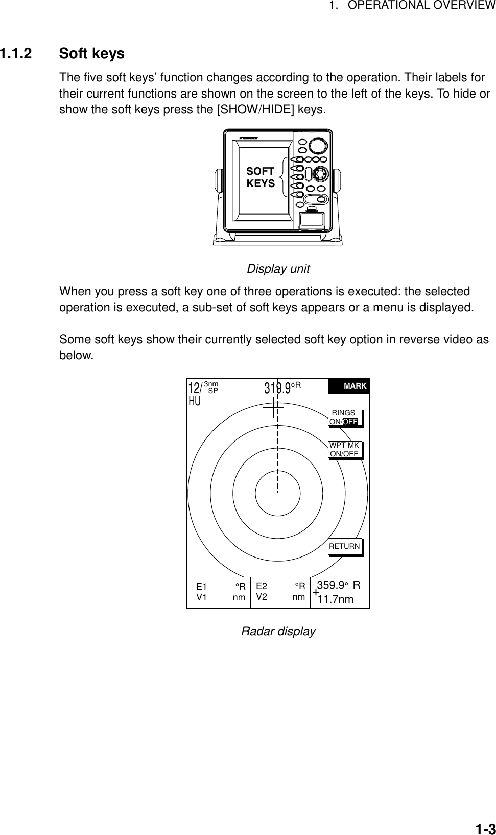 1. OPERATIONAL OVERVIEW1-31.1.2 Soft keysThe five soft keys’ function changes according to the operation. Their labels fortheir current functions are shown on the screen to the left of the keys. To hide orshow the soft keys press the [SHOW/HIDE] keys.SOFTKEYSDisplay unitWhen you press a soft key one of three operations is executed: the selectedoperation is executed, a sub-set of soft keys appears or a menu is displayed.Some soft keys show their currently selected soft key option in reverse video asbelow.MARKRETURNWPT MKON/OFF+E2           °RV2          nm  359.9°  R 11.7nmE1           °RV1          nm           12/                     319.9°R3nm  SPHURINGSON/OFFRadar display