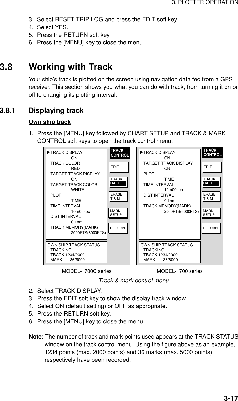 3. PLOTTER OPERATION3-173.  Select RESET TRIP LOG and press the EDIT soft key.4. Select YES.5.  Press the RETURN soft key.6.  Press the [MENU] key to close the menu.3.8 Working with TrackYour ship’s track is plotted on the screen using navigation data fed from a GPSreceiver. This section shows you what you can do with track, from turning it on oroff to changing its plotting interval.3.8.1 Displaying trackOwn ship track1. Press the [MENU] key followed by CHART SETUP and TRACK &amp; MARKCONTROL soft keys to open the track control menu.TRACK DISPLAYONTARGET TRACK DISPLAYONPLOTTIMETIME INTERVAL10m00secDIST INTERVAL0.1nmTRACK MEMORY(MARK)2000PTS(6000PTS)OWN SHIP TRACK STATUSTRACKINGTRACK 1234/2000MARK       36/6000▲MODEL-1700 seriesTRACK DISPLAYONTRACK COLORREDTARGET TRACK DISPLAYONTARGET TRACK COLORWHITEPLOTTIMETIME INTERVAL10m00secDIST INTERVAL0.1nmTRACK MEMORY(MARK)2000PTS(6000PTS)OWN SHIP TRACK STATUSTRACKINGTRACK 1234/2000MARK       36/6000▲MODEL-1700C seriesTRACKCONTROLEDITERASET &amp; MMARKSETUPRETURNTRACKHALTEDITERASET &amp; MMARKSETUPRETURNTRACKHALTTRACKCONTROLTrack &amp; mark control menu2. Select TRACK DISPLAY.3. Press the EDIT soft key to show the display track window.4. Select ON (default setting) or OFF as appropriate.5. Press the RETURN soft key.6. Press the [MENU] key to close the menu.Note: The number of track and mark points used appears at the TRACK STATUSwindow on the track control menu. Using the figure above as an example,1234 points (max. 2000 points) and 36 marks (max. 5000 points)respectively have been recorded.