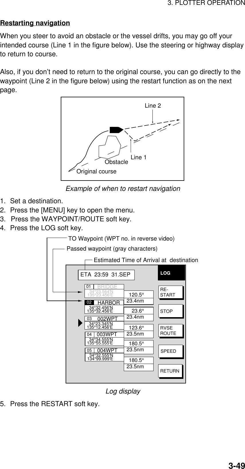 3. PLOTTER OPERATION3-49Restarting navigationWhen you steer to avoid an obstacle or the vessel drifts, you may go off yourintended course (Line 1 in the figure below). Use the steering or highway displayto return to course.Also, if you don’t need to return to the original course, you can go directly to thewaypoint (Line 2 in the figure below) using the restart function as on the nextpage.Original courseObstacle Line 1Line 2Example of when to restart navigation1. Set a destination.2. Press the [MENU] key to open the menu.3.  Press the WAYPOINT/ROUTE soft key.4. Press the LOG soft key.Estimated Time of Arrival at  destinationPassed waypoint (gray characters)TO Waypoint (WPT no. in reverse video)0201030405BRIDGEHARBOR002WPT003WPT004WPT  34°23.564&apos;N135°23.456&apos;E  34°32.456&apos;N135°32.456&apos;E  34°23.345&apos;N135°12.456&apos;E  34°34.555&apos;N135°55.555&apos;E  34°32.555&apos;N134°99.999&apos;E120.5°23.4nm23.6°23.4nm123.6°23.5nm180.5°23.5nm180.5°23.5nmETA  23:59  31.SEPLOGRE-STARTSTOPRVSEROUTESPEEDRETURNLog display5. Press the RESTART soft key.