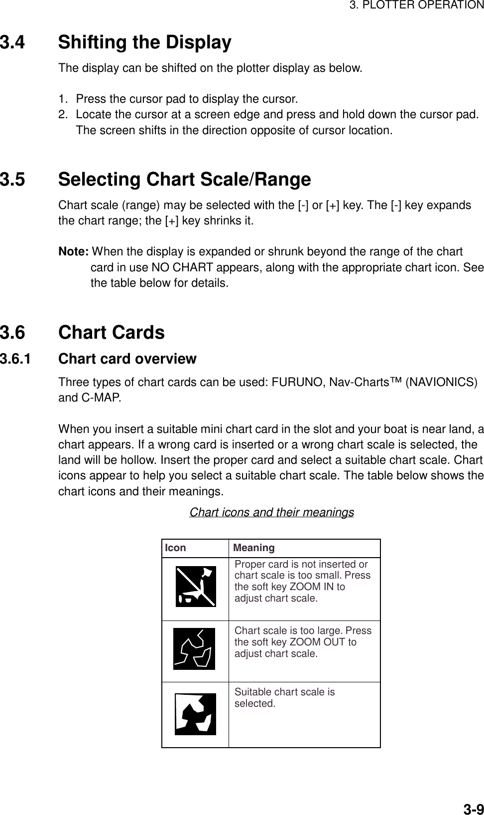 3. PLOTTER OPERATION3-93.4 Shifting the DisplayThe display can be shifted on the plotter display as below.1. Press the cursor pad to display the cursor.2. Locate the cursor at a screen edge and press and hold down the cursor pad.The screen shifts in the direction opposite of cursor location.3.5 Selecting Chart Scale/RangeChart scale (range) may be selected with the [-] or [+] key. The [-] key expandsthe chart range; the [+] key shrinks it.Note: When the display is expanded or shrunk beyond the range of the chartcard in use NO CHART appears, along with the appropriate chart icon. Seethe table below for details.3.6 Chart Cards3.6.1 Chart card overviewThree types of chart cards can be used: FURUNO, Nav-Charts™ (NAVIONICS)and C-MAP.When you insert a suitable mini chart card in the slot and your boat is near land, achart appears. If a wrong card is inserted or a wrong chart scale is selected, theland will be hollow. Insert the proper card and select a suitable chart scale. Charticons appear to help you select a suitable chart scale. The table below shows thechart icons and their meanings.Chart icons and their meaningsIcon MeaningProper card is not inserted or chart scale is too small. Press the soft key ZOOM IN to adjust chart scale. Chart scale is too large. Press the soft key ZOOM OUT to adjust chart scale.   Suitable chart scale is selected. 