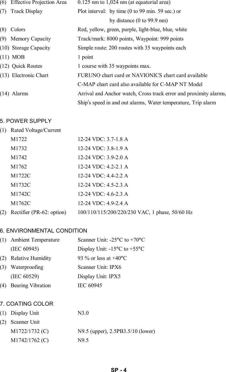   SP - 4 (6)   Effective Projection Area  0.125 nm to 1,024 nm (at equatorial area) (7)   Track Display  Plot interval:  by time (0 to 99 min. 59 sec.) or       by distance (0 to 99.9 nm) (8)   Colors  Red, yellow, green, purple, light-blue, blue, white (9)   Memory Capacity  Track/mark: 8000 points, Waypoint: 999 points (10)  Storage Capacity  Simple route: 200 routes with 35 waypoints each (11) MOB  1 point (12)  Quick Routes  1 course with 35 waypoints max. (13)  Electronic Chart  FURUNO chart card or NAVIONICS chart card available   C-MAP chart card also available for C-MAP NT Model (14)  Alarms  Arrival and Anchor watch, Cross track error and proximity alarms,  Ship’s speed in and out alarms, Water temperature, Trip alarm  5. POWER SUPPLY (1)  Rated Voltage/Current M1722  12-24 VDC: 3.7-1.8 A M1732  12-24 VDC: 3.8-1.9 A M1742  12-24 VDC: 3.9-2.0 A M1762  12-24 VDC: 4.2-2.1 A M1722C  12-24 VDC: 4.4-2.2 A M1732C  12-24 VDC: 4.5-2.3 A M1742C  12-24 VDC: 4.6-2.3 A M1762C  12-24 VDC: 4.9-2.4 A (2)   Rectifier (PR-62: option)  100/110/115/200/220/230 VAC, 1 phase, 50/60 Hz  6. ENVIRONMENTAL CONDITION (1)   Ambient Temperature  Scanner Unit: -25°C to +70°C (IEC 60945)  Display Unit: -15°C to +55°C (2)   Relative Humidity  93 % or less at +40°C (3)   Waterproofing  Scanner Unit: IPX6 (IEC 60529)  Display Unit: IPX5 (4)   Bearing Vibration  IEC 60945  7. COATING COLOR (1)  Display Unit  N3.0 (2)  Scanner Unit M1722/1732 (C)  N9.5 (upper), 2.5PB3.5/10 (lower) M1742/1762 (C)  N9.5 