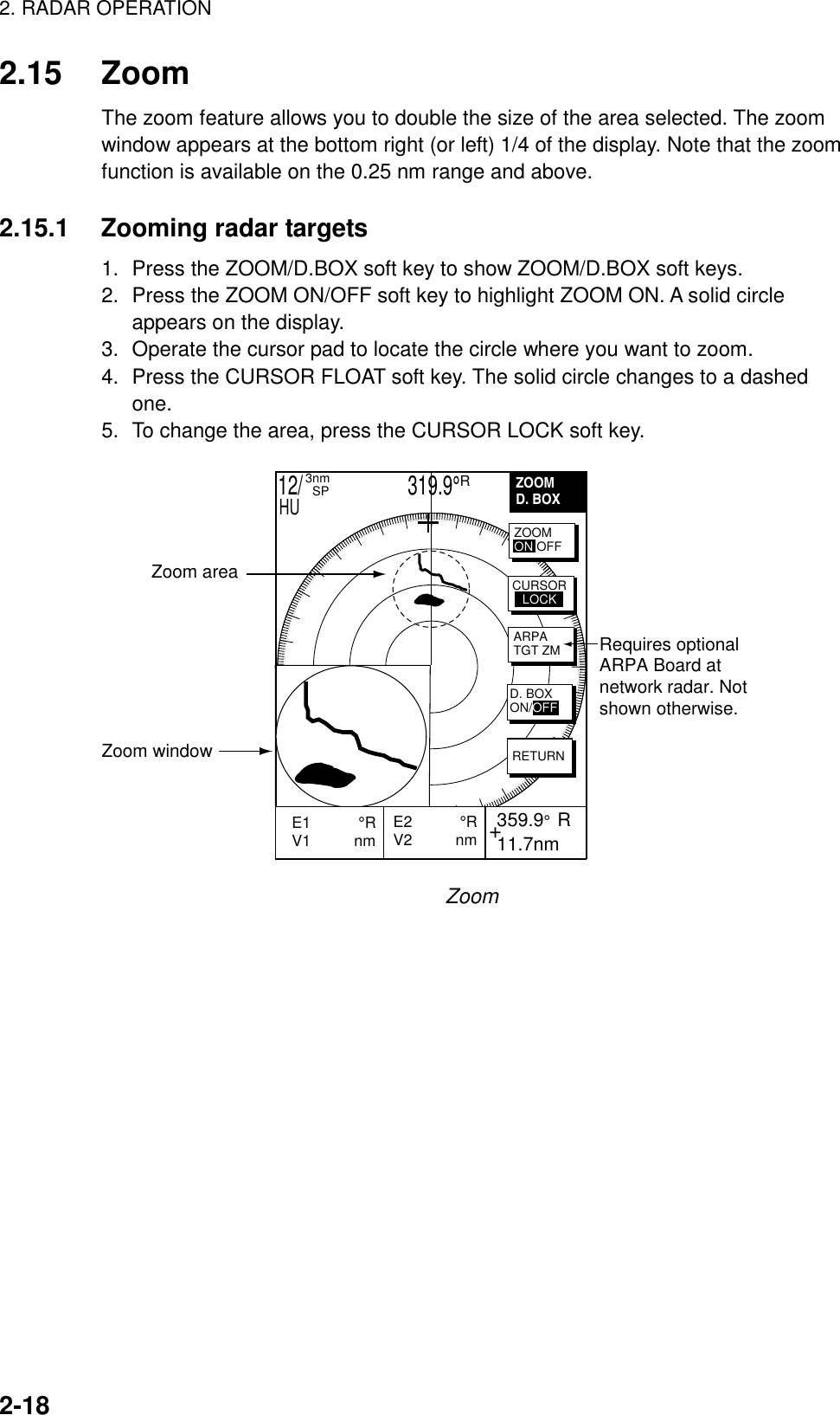 2. RADAR OPERATION2-182.15 ZoomThe zoom feature allows you to double the size of the area selected. The zoomwindow appears at the bottom right (or left) 1/4 of the display. Note that the zoomfunction is available on the 0.25 nm range and above.2.15.1 Zooming radar targets1. Press the ZOOM/D.BOX soft key to show ZOOM/D.BOX soft keys.2. Press the ZOOM ON/OFF soft key to highlight ZOOM ON. A solid circleappears on the display.3. Operate the cursor pad to locate the circle where you want to zoom.4. Press the CURSOR FLOAT soft key. The solid circle changes to a dashedone.5. To change the area, press the CURSOR LOCK soft key.Zoom areaZoom window+E2           °RV2          nm 359.9°  R 11.7nmE1           °RV1          nm           ZOOMD. BOXARPATGT ZMRETURNZOOMON OFFD. BOXON/OFF12/                     319.9°R3nm  SPHUCURSORLOCKRequires optionalARPA Board atnetwork radar. Notshown otherwise.Zoom