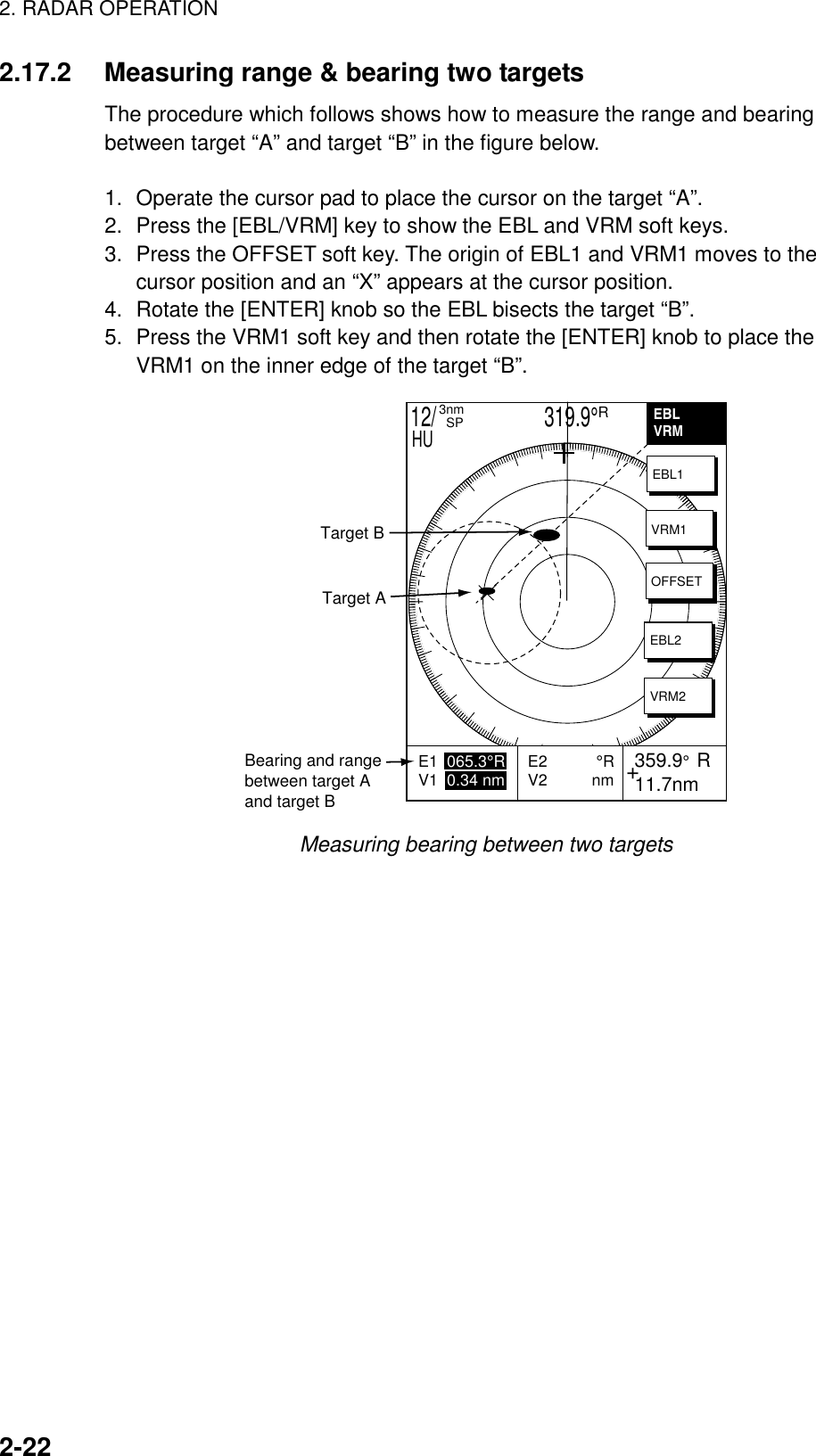 2. RADAR OPERATION2-222.17.2 Measuring range &amp; bearing two targetsThe procedure which follows shows how to measure the range and bearingbetween target “A” and target “B” in the figure below.1. Operate the cursor pad to place the cursor on the target “A”.2. Press the [EBL/VRM] key to show the EBL and VRM soft keys.3. Press the OFFSET soft key. The origin of EBL1 and VRM1 moves to thecursor position and an “X” appears at the cursor position.4. Rotate the [ENTER] knob so the EBL bisects the target “B”.5. Press the VRM1 soft key and then rotate the [ENTER] knob to place theVRM1 on the inner edge of the target “B”.+E2           °RV2          nm 359.9°  R 11.7nmTarget ATarget BBearing and rangebetween target Aand target BEBLVRMEBL1VRM1OFFSETEBL2VRM212/                     319.9°R3nm  SPHUE1  065.3°RV1  0.34 nm           Measuring bearing between two targets