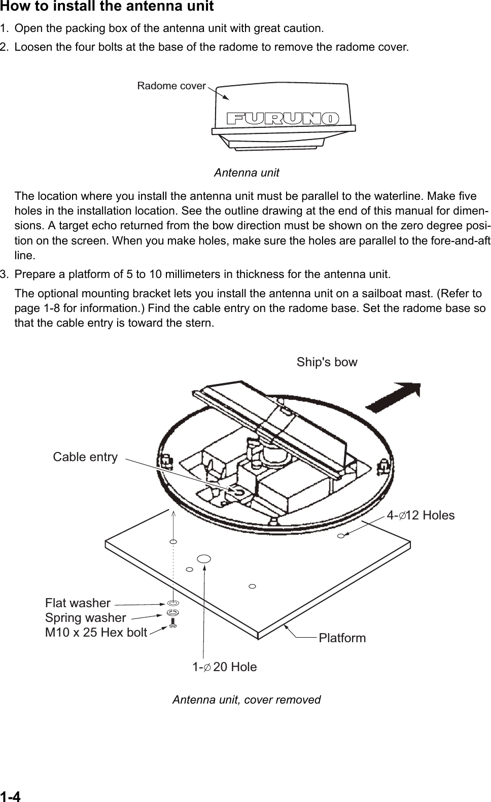 1-4How to install the antenna unit1. Open the packing box of the antenna unit with great caution.2. Loosen the four bolts at the base of the radome to remove the radome cover.Antenna unitThe location where you install the antenna unit must be parallel to the waterline. Make five holes in the installation location. See the outline drawing at the end of this manual for dimen-sions. A target echo returned from the bow direction must be shown on the zero degree posi-tion on the screen. When you make holes, make sure the holes are parallel to the fore-and-aft line.3. Prepare a platform of 5 to 10 millimeters in thickness for the antenna unit. The optional mounting bracket lets you install the antenna unit on a sailboat mast. (Refer to page 1-8 for information.) Find the cable entry on the radome base. Set the radome base so that the cable entry is toward the stern.Antenna unit, cover removedRadome coverFlat washerSpring washerM10 x 25 Hex bolt Platform4- 12 HolesShip&apos;s bow1-  20 HoleCable entry