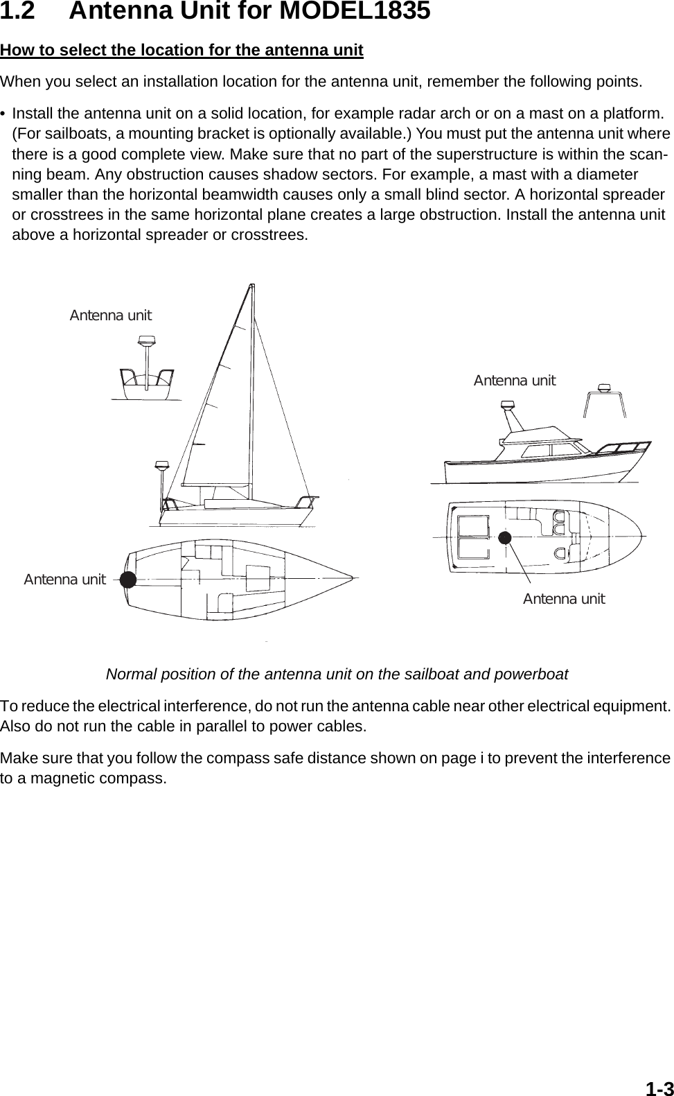 1-31.2 Antenna Unit for MODEL1835How to select the location for the antenna unitWhen you select an installation location for the antenna unit, remember the following points.• Install the antenna unit on a solid location, for example radar arch or on a mast on a platform. (For sailboats, a mounting bracket is optionally available.) You must put the antenna unit where there is a good complete view. Make sure that no part of the superstructure is within the scan-ning beam. Any obstruction causes shadow sectors. For example, a mast with a diameter smaller than the horizontal beamwidth causes only a small blind sector. A horizontal spreader or crosstrees in the same horizontal plane creates a large obstruction. Install the antenna unit above a horizontal spreader or crosstrees. Normal position of the antenna unit on the sailboat and powerboatTo reduce the electrical interference, do not run the antenna cable near other electrical equipment. Also do not run the cable in parallel to power cables.Make sure that you follow the compass safe distance shown on page i to prevent the interference to a magnetic compass.Antenna unitAntenna unitAntenna unitAntenna unit