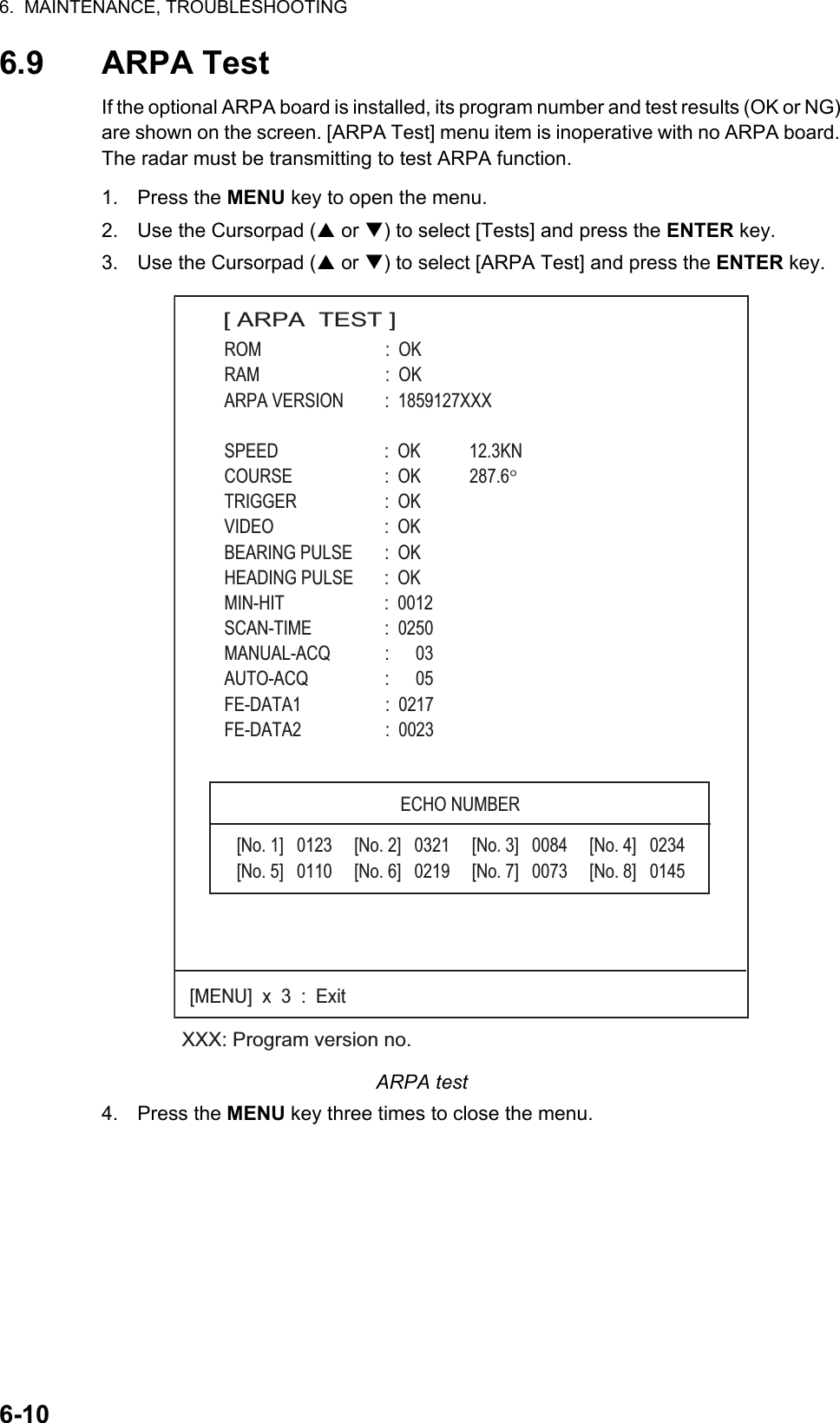 6.  MAINTENANCE, TROUBLESHOOTING6-106.9 ARPA TestIf the optional ARPA board is installed, its program number and test results (OK or NG) are shown on the screen. [ARPA Test] menu item is inoperative with no ARPA board. The radar must be transmitting to test ARPA function.1. Press the MENU key to open the menu.2. Use the Cursorpad (S or T) to select [Tests] and press the ENTER key.3. Use the Cursorpad (S or T) to select [ARPA Test] and press the ENTER key.ARPA test4. Press the MENU key three times to close the menu.XXX: Program version no.[ ARPA  TEST ]ROM                            :  OKRAM                            :  OKARPA VERSION          :  1859127XXXSPEED                        :  OK           12.3KNCOURSE                     :  OK           287.6°TRIGGER                    :  OKVIDEO                         :  OKBEARING PULSE       :  OKHEADING PULSE       :  OKMIN-HIT                       :  0012SCAN-TIME                 :  0250MANUAL-ACQ             :      03AUTO-ACQ                  :      05FE-DATA1                   :  0217FE-DATA2                   :  0023ECHO NUMBER[No. 1]   0123     [No. 2]   0321     [No. 3]   0084     [No. 4]   0234[No. 5]   0110     [No. 6]   0219     [No. 7]   0073     [No. 8]   0145[MENU]  x  3  :  Exit