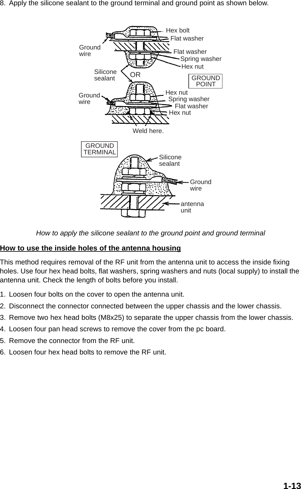 1-138. Apply the silicone sealant to the ground terminal and ground point as shown below. How to apply the silicone sealant to the ground point and ground terminal How to use the inside holes of the antenna housingThis method requires removal of the RF unit from the antenna unit to access the inside fixing holes. Use four hex head bolts, flat washers, spring washers and nuts (local supply) to install the antenna unit. Check the length of bolts before you install.1. Loosen four bolts on the cover to open the antenna unit. 2. Disconnect the connector connected between the upper chassis and the lower chassis.3. Remove two hex head bolts (M8x25) to separate the upper chassis from the lower chassis.4. Loosen four pan head screws to remove the cover from the pc board.5. Remove the connector from the RF unit.6. Loosen four hex head bolts to remove the RF unit.GroundwireHex boltFlat washerSpring washerFlat washerHex nutSiliconesealantHex nutWeld here.SiliconesealantGroundwireantennaunitORFlat washerSpring washerGroundwireGROUNDTERMINALGROUNDPOINTHex nut