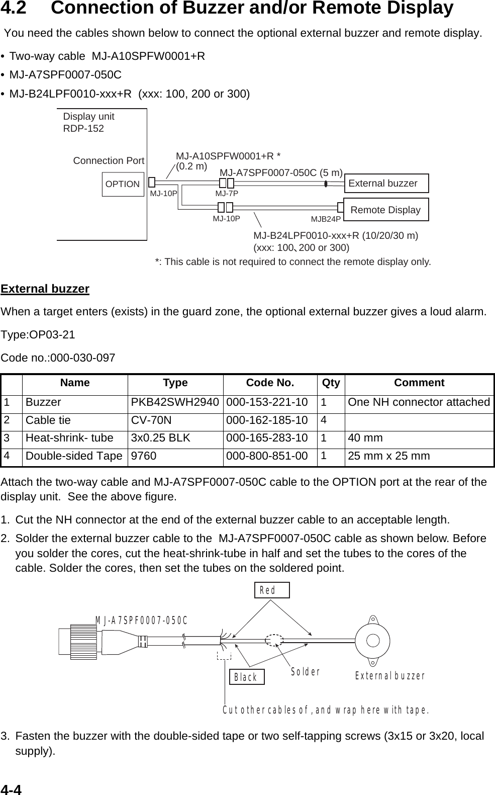 4-44.2 Connection of Buzzer and/or Remote Display  You need the cables shown below to connect the optional external buzzer and remote display.• Two-way cable  MJ-A10SPFW0001+R  • MJ-A7SPF0007-050C • MJ-B24LPF0010-xxx+R  (xxx: 100, 200 or 300) External buzzerWhen a target enters (exists) in the guard zone, the optional external buzzer gives a loud alarm. Type:OP03-21Code no.:000-030-097Attach the two-way cable and MJ-A7SPF0007-050C cable to the OPTION port at the rear of the display unit.  See the above figure.1. Cut the NH connector at the end of the external buzzer cable to an acceptable length.2. Solder the external buzzer cable to the  MJ-A7SPF0007-050C cable as shown below. Before you solder the cores, cut the heat-shrink-tube in half and set the tubes to the cores of the cable. Solder the cores, then set the tubes on the soldered point. 3. Fasten the buzzer with the double-sided tape or two self-tapping screws (3x15 or 3x20, local supply).Name Type Code No. Qty Comment1Buzzer PKB42SWH2940 000-153-221-10 1One NH connector attached2Cable tie CV-70N 000-162-185-10 43Heat-shrink- tube 3x0.25 BLK 000-165-283-10 140 mm4Double-sided Tape 9760 000-800-851-00 125 mm x 25 mmOPTION Remote DisplayExternal buzzerMJ-A7SPF0007-050C (5 m)MJ-10PMJ-10P MJ-7PMJB24PDisplay unitRDP-152Connection Port MJ-A10SPFW0001+R *(0.2 m)MJ-B24LPF0010-xxx+R (10/20/30 m)(xxx: 100、200 or 300)*: This cable is not required to connect the remote display only.RedBlack External buzzerMJ-A7SPF0007-050CSolderCut other cables o, and wrap here with tape.