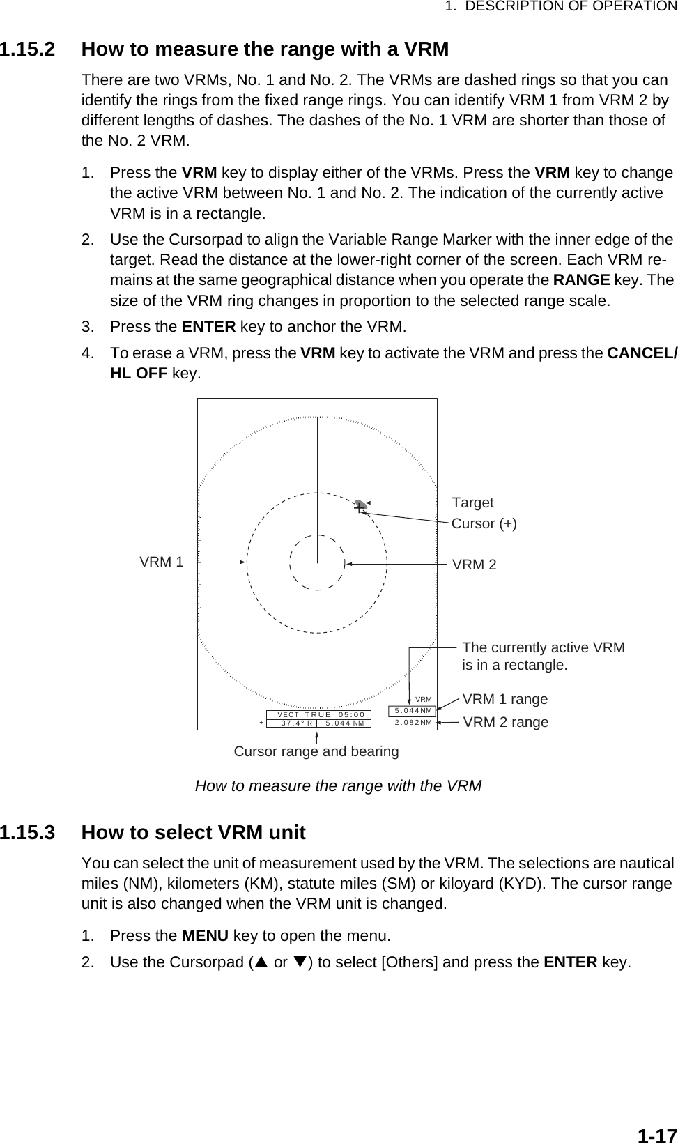 1.  DESCRIPTION OF OPERATION1-171.15.2 How to measure the range with a VRMThere are two VRMs, No. 1 and No. 2. The VRMs are dashed rings so that you can identify the rings from the fixed range rings. You can identify VRM 1 from VRM 2 by different lengths of dashes. The dashes of the No. 1 VRM are shorter than those of the No. 2 VRM.1. Press the VRM key to display either of the VRMs. Press the VRM key to change the active VRM between No. 1 and No. 2. The indication of the currently active VRM is in a rectangle.2. Use the Cursorpad to align the Variable Range Marker with the inner edge of the target. Read the distance at the lower-right corner of the screen. Each VRM re-mains at the same geographical distance when you operate the RANGE key. The size of the VRM ring changes in proportion to the selected range scale.3. Press the ENTER key to anchor the VRM.4. To erase a VRM, press the VRM key to activate the VRM and press the CANCEL/HL OFF key.How to measure the range with the VRM1.15.3 How to select VRM unitYou can select the unit of measurement used by the VRM. The selections are nautical miles (NM), kilometers (KM), statute miles (SM) or kiloyard (KYD). The cursor range unit is also changed when the VRM unit is changed.1. Press the MENU key to open the menu.2. Use the Cursorpad (S or T) to select [Others] and press the ENTER key.VRM 1Cursor range and bearingVRM 2Target+VRM5.044NM2.082NMCursor (+)VRM 1 rangeVRM 2 range+ The currently active VRMis in a rectangle.37.4°  R     5.044 NM   VECT   TRUE  05:00