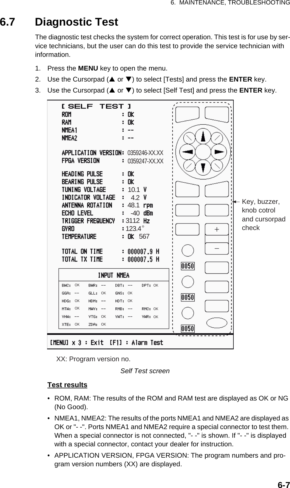 6.  MAINTENANCE, TROUBLESHOOTING6-76.7 Diagnostic TestThe diagnostic test checks the system for correct operation. This test is for use by ser-vice technicians, but the user can do this test to provide the service technician with information.1. Press the MENU key to open the menu.2. Use the Cursorpad (S or T) to select [Tests] and press the ENTER key.3. Use the Cursorpad (S or T) to select [Self Test] and press the ENTER key.Self Test screenTest results•  ROM, RAM: The results of the ROM and RAM test are displayed as OK or NG (No Good).•  NMEA1, NMEA2: The results of the ports NMEA1 and NMEA2 are displayed as OK or &quot;- -&quot;. Ports NMEA1 and NMEA2 require a special connector to test them. When a special connector is not connected, &quot;- -&quot; is shown. If &quot;- -&quot; is displayed with a special connector, contact your dealer for instruction.•  APPLICATION VERSION, FPGA VERSION: The program numbers and pro-gram version numbers (XX) are displayed.XX: Program version no.0359246-XX.XX0359247-XX.XX10.14.248.1-403112123.4°567OKOKOKOKOKOKOKOKOKOKOKOKKey, buzzer,knob cotroland cursorpadcheck