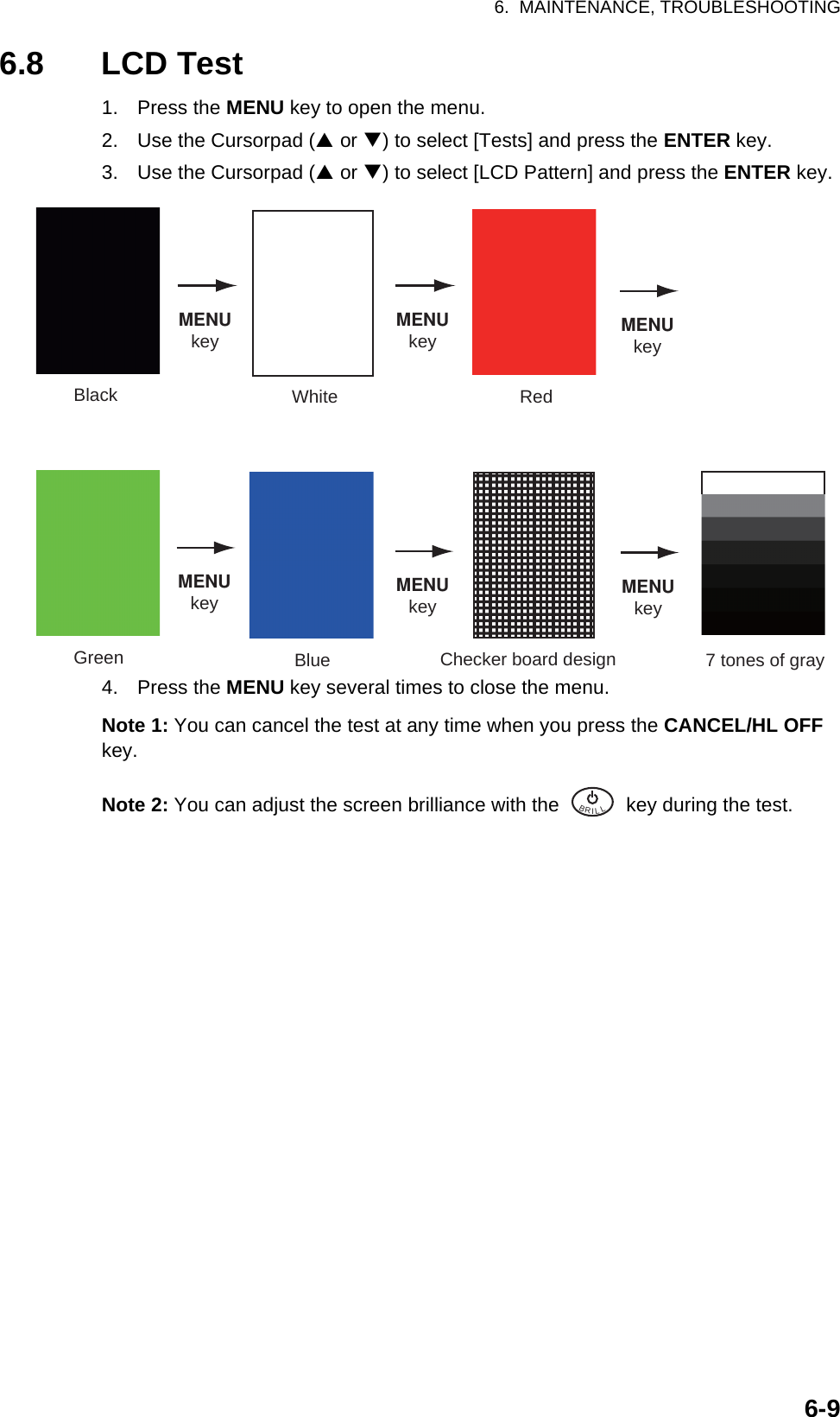 6.  MAINTENANCE, TROUBLESHOOTING6-96.8 LCD Test1. Press the MENU key to open the menu.2. Use the Cursorpad (S or T) to select [Tests] and press the ENTER key.3. Use the Cursorpad (S or T) to select [LCD Pattern] and press the ENTER key.4. Press the MENU key several times to close the menu.Note 1: You can cancel the test at any time when you press the CANCEL/HL OFF key.Note 2: You can adjust the screen brilliance with the   key during the test.BlackMENUkey MENUkey MENUkeyMENUkey MENUkey MENUkeyWhite RedGreen Blue Checker board design 7 tones of grayBRILL  