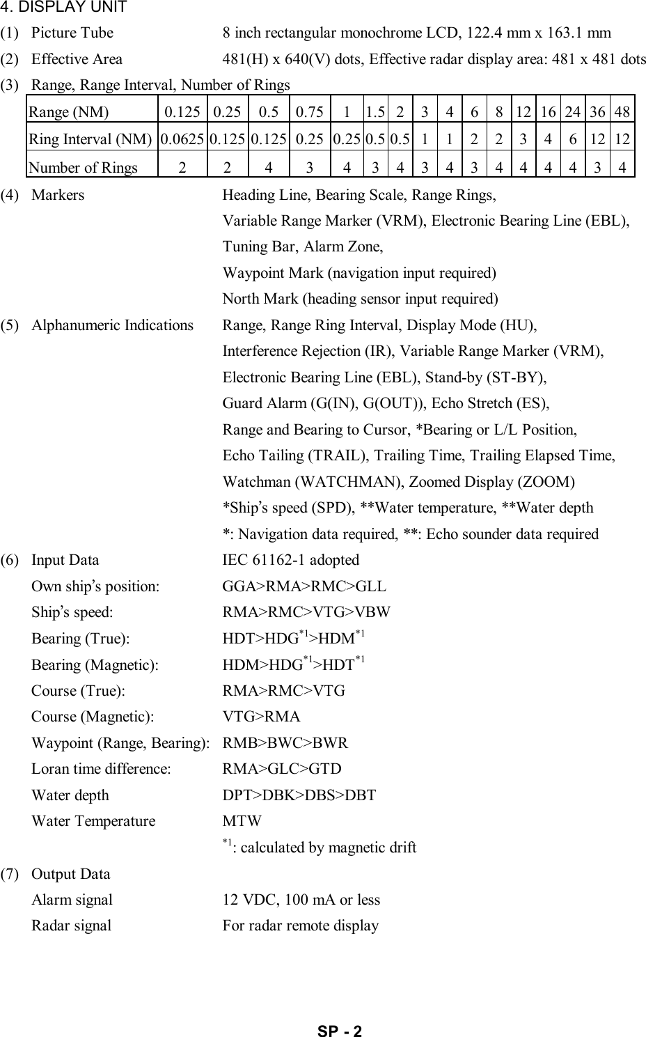   SP - 2  4. DISPLAY UNIT (1)   Picture Tube  8 inch rectangular monochrome LCD, 122.4 mm x 163.1 mm (2)   Effective Area  481(H) x 640(V) dots, Effective radar display area: 481 x 481 dots (3)   Range, Range Interval, Number of Rings Range (NM)  0.125 0.25 0.5 0.75  1 1.5 2 3 4 6 8 12 16 24 36 48 Ring Interval (NM) 0.0625 0.125 0.125 0.25 0.25 0.5 0.5 1 1 2 2 3 4 6 12 12 Number of Rings  2  2  4  3  4  3 4 3 4 3 4 4 4 4 3 4 (4)   Markers  Heading Line, Bearing Scale, Range Rings,   Variable Range Marker (VRM), Electronic Bearing Line (EBL),   Tuning Bar, Alarm Zone,     Waypoint Mark (navigation input required)   North Mark (heading sensor input required) (5)   Alphanumeric Indications  Range, Range Ring Interval, Display Mode (HU),   Interference Rejection (IR), Variable Range Marker (VRM),   Electronic Bearing Line (EBL), Stand-by (ST-BY),     Guard Alarm (G(IN), G(OUT)), Echo Stretch (ES),     Range and Bearing to Cursor, *Bearing or L/L Position,     Echo Tailing (TRAIL), Trailing Time, Trailing Elapsed Time,     Watchman (WATCHMAN), Zoomed Display (ZOOM)    *Ship’s speed (SPD), **Water temperature, **Water depth     *: Navigation data required, **: Echo sounder data required (6)   Input Data  IEC 61162-1 adopted Own ship’s position:  GGA&gt;RMA&gt;RMC&gt;GLL Ship’s speed:  RMA&gt;RMC&gt;VTG&gt;VBW Bearing (True):  HDT&gt;HDG*1&gt;HDM*1 Bearing (Magnetic):  HDM&gt;HDG*1&gt;HDT*1 Course (True):  RMA&gt;RMC&gt;VTG Course (Magnetic):  VTG&gt;RMA Waypoint (Range, Bearing):  RMB&gt;BWC&gt;BWR Loran time difference:  RMA&gt;GLC&gt;GTD Water depth  DPT&gt;DBK&gt;DBS&gt;DBT Water Temperature  MTW  *1: calculated by magnetic drift (7)  Output Data Alarm signal  12 VDC, 100 mA or less Radar signal  For radar remote display  