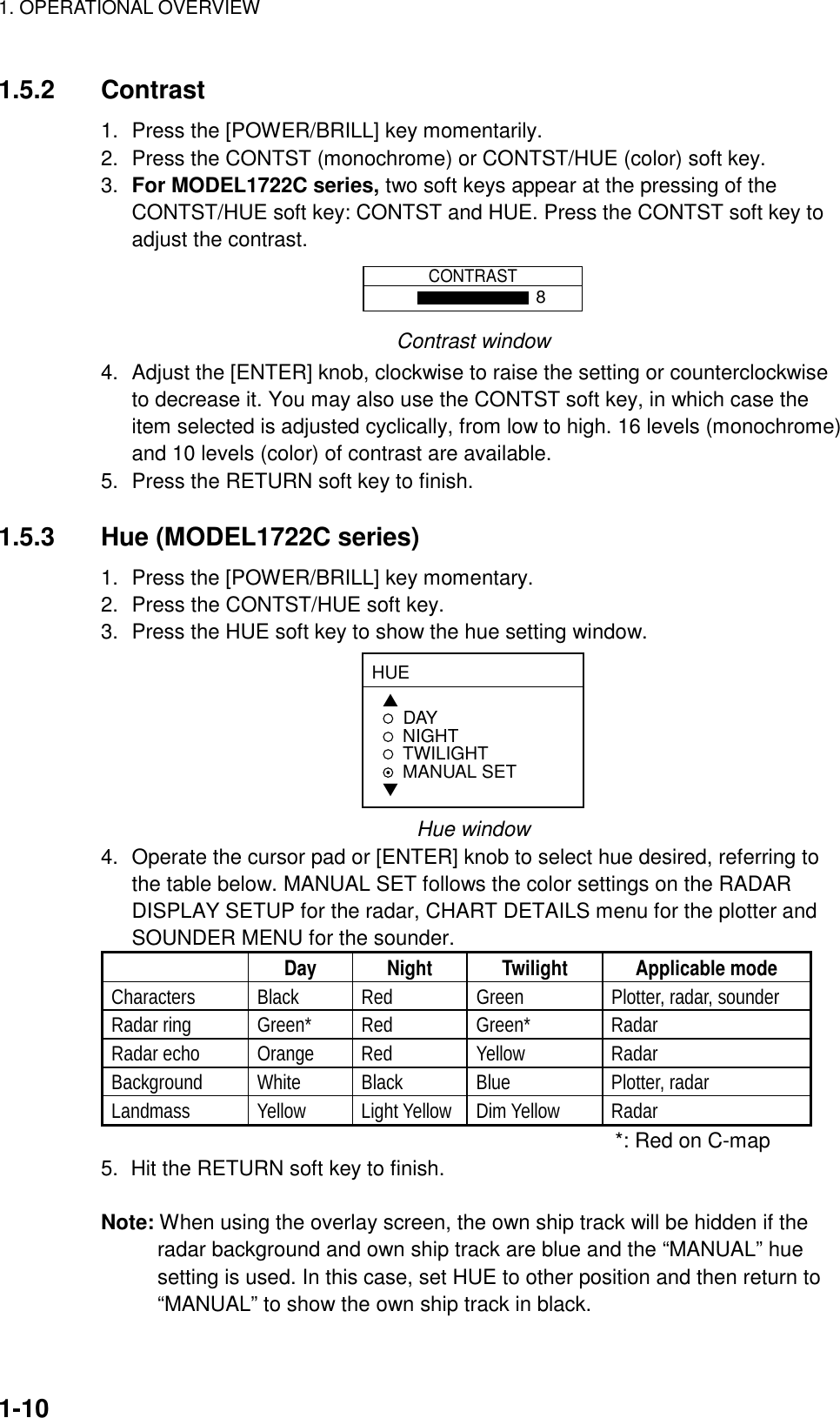 1. OPERATIONAL OVERVIEW    1-10 1.5.2 Contrast 1.  Press the [POWER/BRILL] key momentarily. 2.  Press the CONTST (monochrome) or CONTST/HUE (color) soft key. 3.  For MODEL1722C series, two soft keys appear at the pressing of the CONTST/HUE soft key: CONTST and HUE. Press the CONTST soft key to adjust the contrast. CONTRAST8 Contrast window 4.  Adjust the [ENTER] knob, clockwise to raise the setting or counterclockwise to decrease it. You may also use the CONTST soft key, in which case the item selected is adjusted cyclically, from low to high. 16 levels (monochrome) and 10 levels (color) of contrast are available. 5.  Press the RETURN soft key to finish.  1.5.3  Hue (MODEL1722C series) 1.  Press the [POWER/BRILL] key momentary.   2.  Press the CONTST/HUE soft key. 3.  Press the HUE soft key to show the hue setting window. HUE▲  DAYNIGHTTWILIGHTMANUAL SET▼ Hue window 4.  Operate the cursor pad or [ENTER] knob to select hue desired, referring to the table below. MANUAL SET follows the color settings on the RADAR DISPLAY SETUP for the radar, CHART DETAILS menu for the plotter and SOUNDER MENU for the sounder.  Day   Night  Twilight  Applicable mode Characters  Black    Red  Green  Plotter, radar, sounder Radar ring  Green*  Red  Green*  Radar Radar echo  Orange    Red  Yellow  Radar Background White  Black  Blue  Plotter, radar Landmass  Yellow  Light Yellow Dim Yellow  Radar        *: Red on C-map 5.  Hit the RETURN soft key to finish.  Note: When using the overlay screen, the own ship track will be hidden if the radar background and own ship track are blue and the “MANUAL” hue setting is used. In this case, set HUE to other position and then return to “MANUAL” to show the own ship track in black. 