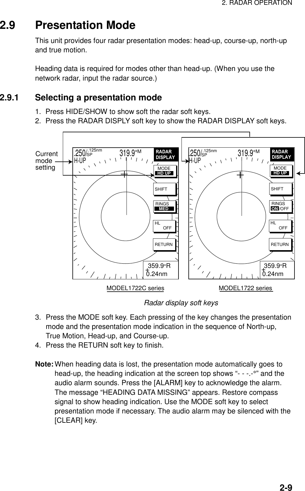 2. RADAR OPERATION  2-92.9 Presentation Mode This unit provides four radar presentation modes: head-up, course-up, north-up and true motion.  Heading data is required for modes other than head-up. (When you use the network radar, input the radar source.)  2.9.1  Selecting a presentation mode 1.  Press HIDE/SHOW to show soft the radar soft keys. 2.  Press the RADAR DISPLY soft key to show the RADAR DISPLAY soft keys. .250/                   319.9°M  .125nm SPH-UPRADARDISPLAY+ 359.9°R0.24nmSHIFTHL        OFFRETURNMODEHD UPRINGSON /OFFRADARDISPLAY+ 359.9°R0.24nmSHIFTHL        OFFRETURNMODEHD UPRINGS   MEDMODEL1722C series                                MODEL1722 series.250/                     319.9°M    .125nm   SPH-UPCurrentmode setting Radar display soft keys 3.  Press the MODE soft key. Each pressing of the key changes the presentation mode and the presentation mode indication in the sequence of North-up, True Motion, Head-up, and Course-up.   4.  Press the RETURN soft key to finish.  Note: When heading data is lost, the presentation mode automatically goes to head-up, the heading indication at the screen top shows “- - -.-°” and the audio alarm sounds. Press the [ALARM] key to acknowledge the alarm. The message “HEADING DATA MISSING” appears. Restore compass signal to show heading indication. Use the MODE soft key to select presentation mode if necessary. The audio alarm may be silenced with the [CLEAR] key. 