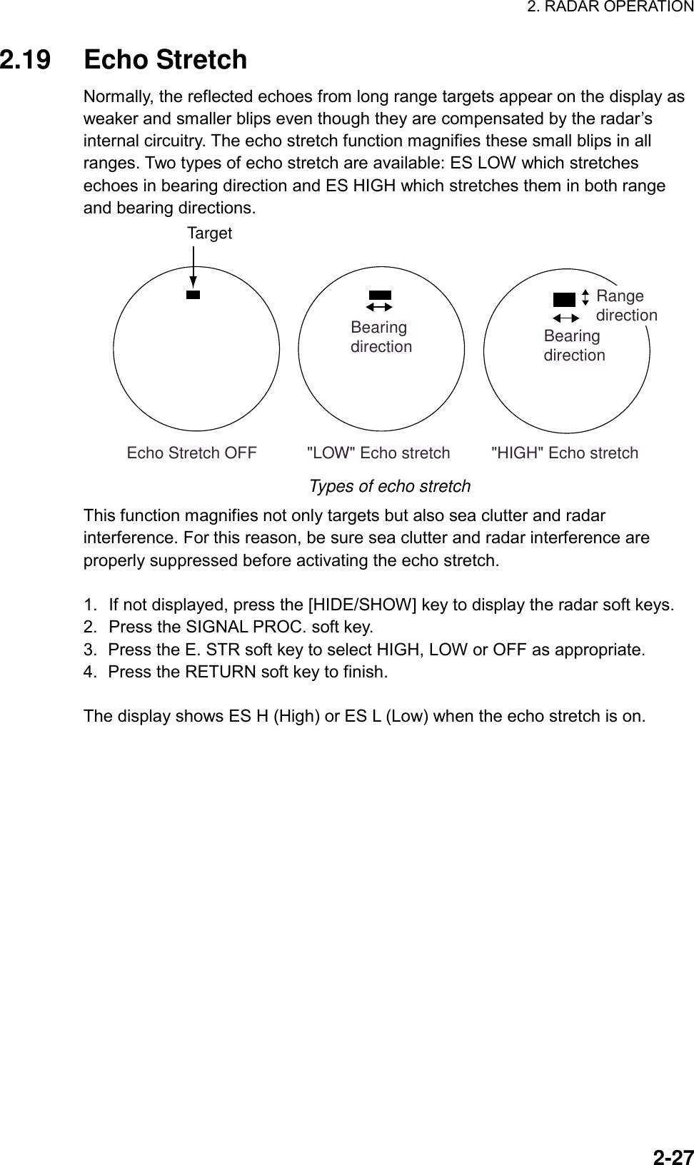 2. RADAR OPERATION  2-272.19 Echo Stretch Normally, the reflected echoes from long range targets appear on the display as weaker and smaller blips even though they are compensated by the radar’s internal circuitry. The echo stretch function magnifies these small blips in all ranges. Two types of echo stretch are available: ES LOW which stretches echoes in bearing direction and ES HIGH which stretches them in both range and bearing directions. &quot;LOW&quot; Echo stretch         &quot;HIGH&quot; Echo stretchBearingdirection BearingdirectionRangedirection Echo Stretch OFFTarget Types of echo stretch This function magnifies not only targets but also sea clutter and radar interference. For this reason, be sure sea clutter and radar interference are properly suppressed before activating the echo stretch.  1.  If not displayed, press the [HIDE/SHOW] key to display the radar soft keys. 2.  Press the SIGNAL PROC. soft key.   3.  Press the E. STR soft key to select HIGH, LOW or OFF as appropriate. 4.  Press the RETURN soft key to finish.  The display shows ES H (High) or ES L (Low) when the echo stretch is on.  