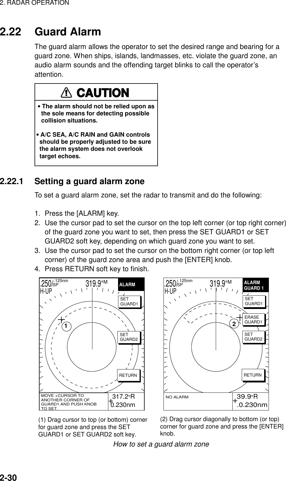 2. RADAR OPERATION    2-30  2.22 Guard Alarm The guard alarm allows the operator to set the desired range and bearing for a guard zone. When ships, islands, landmasses, etc. violate the guard zone, an audio alarm sounds and the offending target blinks to call the operator’s attention. CAUTION• The alarm should not be relied upon as   the sole means for detecting possible   collision situations.• A/C SEA, A/C RAIN and GAIN controls  should be properly adjusted to be sure  the alarm system does not overlook  target echoes. 2.22.1  Setting a guard alarm zone To set a guard alarm zone, set the radar to transmit and do the following:  1.  Press the [ALARM] key. 2.  Use the cursor pad to set the cursor on the top left corner (or top right corner) of the guard zone you want to set, then press the SET GUARD1 or SET GUARD2 soft key, depending on which guard zone you want to set. 3.  Use the cursor pad to set the cursor on the bottom right corner (or top left corner) of the guard zone area and push the [ENTER] knob.   4.  Press RETURN soft key to finish. .250/                   319.9°M  .125nm SPH-UP.250/                   319.9°M  .125nm SPH-UP 317.2°R0.230nmALARM 39.9°R .0.230nmVRM.125nm.032nmEBL 19.9TNO ALARM(1) Drag cursor to top (or bottom) cornerfor guard zone and press the SETGUARD1 or SET GUARD2 soft key. (2) Drag cursor diagonally to bottom (or top) corner for guard zone and press the [ENTER]knob. MOVE +CURSOR TOANOTHER CORNER OFGUARD1 AND PUSH KNOBTO SET.ALARMGUARD 1SETGUARD1ERASEGUARD1SETGUARD2RETURN++SETGUARD1SETGUARD2RETURN12 How to set a guard alarm zone 