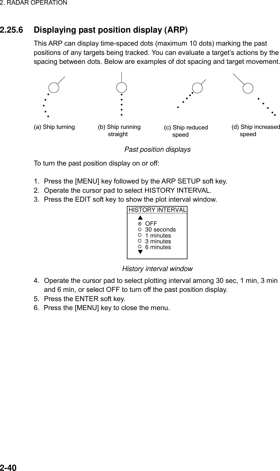 2. RADAR OPERATION    2-40 2.25.6  Displaying past position display (ARP) This ARP can display time-spaced dots (maximum 10 dots) marking the past positions of any targets being tracked. You can evaluate a target’s actions by the spacing between dots. Below are examples of dot spacing and target movement. (a) Ship turning (b) Ship running       straight(c) Ship reduced     speed(d) Ship increased     speed Past position displays To turn the past position display on or off:  1.  Press the [MENU] key followed by the ARP SETUP soft key. 2.  Operate the cursor pad to select HISTORY INTERVAL. 3.  Press the EDIT soft key to show the plot interval window. HISTORY INTERVAL▲▼OFF30 seconds1 minutes3 minutes6 minutes History interval window 4.  Operate the cursor pad to select plotting interval among 30 sec, 1 min, 3 min and 6 min, or select OFF to turn off the past position display. 5.  Press the ENTER soft key. 6.  Press the [MENU] key to close the menu.  