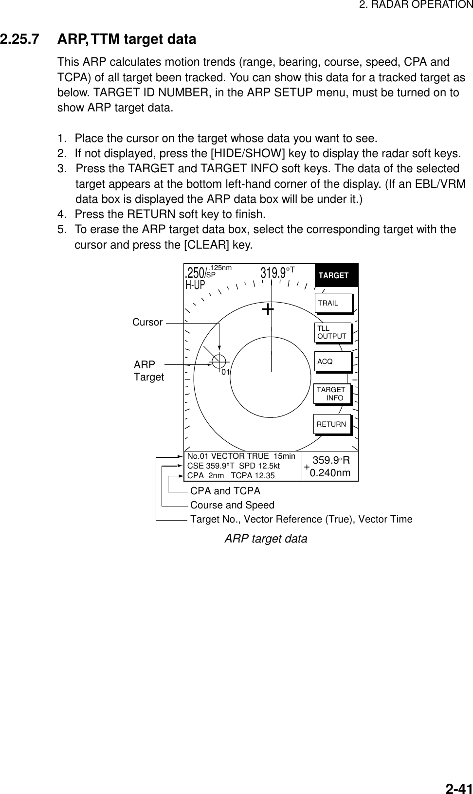 2. RADAR OPERATION  2-412.25.7  ARP, TTM target data This ARP calculates motion trends (range, bearing, course, speed, CPA and TCPA) of all target been tracked. You can show this data for a tracked target as below. TARGET ID NUMBER, in the ARP SETUP menu, must be turned on to show ARP target data.  1.  Place the cursor on the target whose data you want to see. 2.  If not displayed, press the [HIDE/SHOW] key to display the radar soft keys. 3.  Press the TARGET and TARGET INFO soft keys. The data of the selected target appears at the bottom left-hand corner of the display. (If an EBL/VRM data box is displayed the ARP data box will be under it.) 4.  Press the RETURN soft key to finish. 5.  To erase the ARP target data box, select the corresponding target with the cursor and press the [CLEAR] key. .250/                   319.9°T  .125nm SPH-UP 359.9°R0.240nmTARGETTRAILTLLOUTPUTACQTARGET     INFORETURNARPTargetNo.01 VECTOR TRUE  15minCSE 359.9°T  SPD 12.5ktCPA  2nm   TCPA 12.35CPA and TCPACourse and SpeedTarget No., Vector Reference (True), Vector Time01Cursor ++ ARP target data 