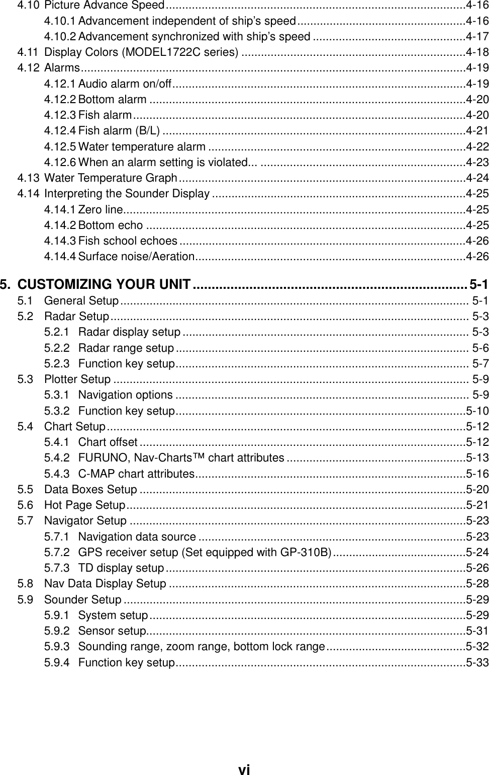     vi 4.10 Picture Advance Speed............................................................................................4-16 4.10.1 Advancement independent of ship’s speed....................................................4-16 4.10.2 Advancement synchronized with ship’s speed ...............................................4-17 4.11 Display Colors (MODEL1722C series) .....................................................................4-18 4.12 Alarms......................................................................................................................4-19 4.12.1 Audio alarm on/off..........................................................................................4-19 4.12.2 Bottom alarm .................................................................................................4-20 4.12.3 Fish alarm......................................................................................................4-20 4.12.4 Fish alarm (B/L) .............................................................................................4-21 4.12.5 Water temperature alarm ...............................................................................4-22 4.12.6 When an alarm setting is violated... ...............................................................4-23 4.13 Water Temperature Graph........................................................................................4-24 4.14 Interpreting the Sounder Display ..............................................................................4-25 4.14.1 Zero line.........................................................................................................4-25 4.14.2 Bottom echo ..................................................................................................4-25 4.14.3 Fish school echoes........................................................................................4-26 4.14.4 Surface noise/Aeration...................................................................................4-26 5. CUSTOMIZING YOUR UNIT.........................................................................5-1 5.1 General Setup........................................................................................................... 5-1 5.2 Radar Setup.............................................................................................................. 5-3 5.2.1 Radar display setup ........................................................................................ 5-3 5.2.2 Radar range setup.......................................................................................... 5-6 5.2.3 Function key setup.......................................................................................... 5-7 5.3 Plotter Setup ............................................................................................................. 5-9 5.3.1 Navigation options .......................................................................................... 5-9 5.3.2 Function key setup.........................................................................................5-10 5.4 Chart Setup..............................................................................................................5-12 5.4.1 Chart offset ....................................................................................................5-12 5.4.2 FURUNO, Nav-Charts™ chart attributes .......................................................5-13 5.4.3 C-MAP chart attributes...................................................................................5-16 5.5 Data Boxes Setup ....................................................................................................5-20 5.6 Hot Page Setup........................................................................................................5-21 5.7 Navigator Setup .......................................................................................................5-23 5.7.1 Navigation data source ..................................................................................5-23 5.7.2 GPS receiver setup (Set equipped with GP-310B).........................................5-24 5.7.3 TD display setup............................................................................................5-26 5.8 Nav Data Display Setup ...........................................................................................5-28 5.9 Sounder Setup.........................................................................................................5-29 5.9.1 System setup.................................................................................................5-29 5.9.2 Sensor setup..................................................................................................5-31 5.9.3 Sounding range, zoom range, bottom lock range...........................................5-32 5.9.4 Function key setup.........................................................................................5-33 