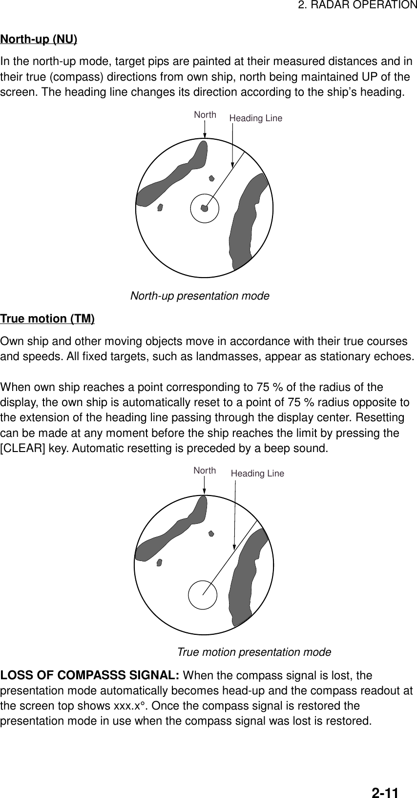 2. RADAR OPERATION2-11North-up (NU)In the north-up mode, target pips are painted at their measured distances and intheir true (compass) directions from own ship, north being maintained UP of thescreen. The heading line changes its direction according to the ship’s heading.Heading LineNorthNorth-up presentation modeTrue motion (TM)Own ship and other moving objects move in accordance with their true coursesand speeds. All fixed targets, such as landmasses, appear as stationary echoes.When own ship reaches a point corresponding to 75 % of the radius of thedisplay, the own ship is automatically reset to a point of 75 % radius opposite tothe extension of the heading line passing through the display center. Resettingcan be made at any moment before the ship reaches the limit by pressing the[CLEAR] key. Automatic resetting is preceded by a beep sound.Heading LineNorthTrue motion presentation modeLOSS OF COMPASSS SIGNAL: When the compass signal is lost, thepresentation mode automatically becomes head-up and the compass readout atthe screen top shows xxx.x°. Once the compass signal is restored thepresentation mode in use when the compass signal was lost is restored.