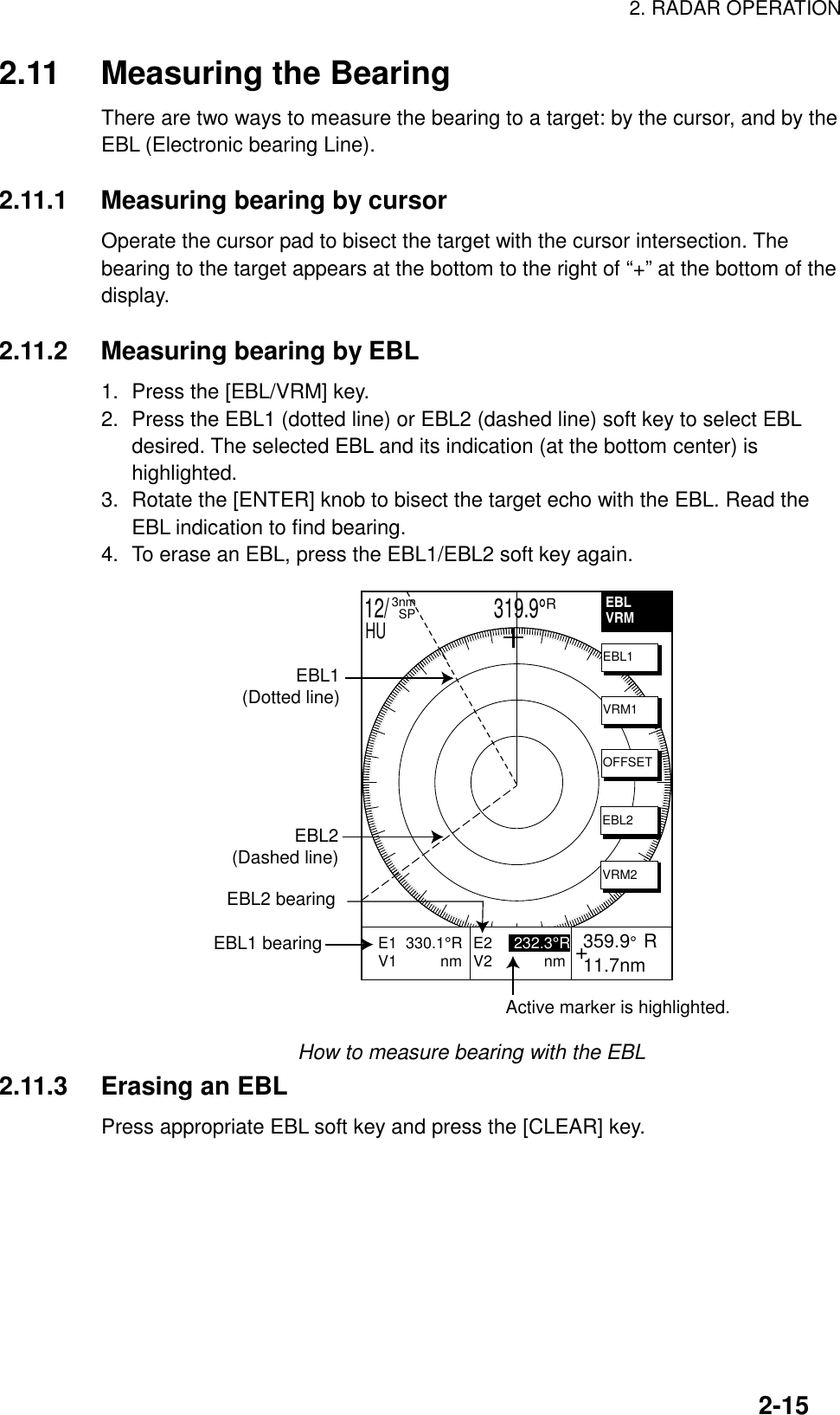 2. RADAR OPERATION2-152.11 Measuring the BearingThere are two ways to measure the bearing to a target: by the cursor, and by theEBL (Electronic bearing Line).2.11.1 Measuring bearing by cursorOperate the cursor pad to bisect the target with the cursor intersection. Thebearing to the target appears at the bottom to the right of “+” at the bottom of thedisplay.2.11.2 Measuring bearing by EBL1. Press the [EBL/VRM] key.2. Press the EBL1 (dotted line) or EBL2 (dashed line) soft key to select EBLdesired. The selected EBL and its indication (at the bottom center) ishighlighted.3. Rotate the [ENTER] knob to bisect the target echo with the EBL. Read theEBL indication to find bearing.4. To erase an EBL, press the EBL1/EBL2 soft key again.EBL1(Dotted line)EBL2(Dashed line)EBL2 bearingActive marker is highlighted.+ 359.9°  R 11.7nmE1  330.1°RV1          nm           E2     232.3°RV2            nmEBL1 bearingVRM2EBL2OFFSETVRM1EBL1EBLVRM12/                     319.9°R3nm  SPHUHow to measure bearing with the EBL2.11.3 Erasing an EBLPress appropriate EBL soft key and press the [CLEAR] key.