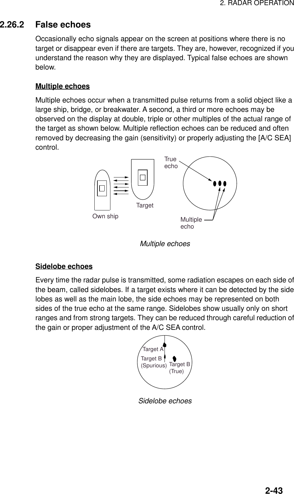 2. RADAR OPERATION2-432.26.2 False echoesOccasionally echo signals appear on the screen at positions where there is notarget or disappear even if there are targets. They are, however, recognized if youunderstand the reason why they are displayed. Typical false echoes are shownbelow.Multiple echoesMultiple echoes occur when a transmitted pulse returns from a solid object like alarge ship, bridge, or breakwater. A second, a third or more echoes may beobserved on the display at double, triple or other multiples of the actual range ofthe target as shown below. Multiple reflection echoes can be reduced and oftenremoved by decreasing the gain (sensitivity) or properly adjusting the [A/C SEA]control.Own shipTargetTrueechoMultiple echoMultiple echoesSidelobe echoesEvery time the radar pulse is transmitted, some radiation escapes on each side ofthe beam, called sidelobes. If a target exists where it can be detected by the sidelobes as well as the main lobe, the side echoes may be represented on bothsides of the true echo at the same range. Sidelobes show usually only on shortranges and from strong targets. They can be reduced through careful reduction ofthe gain or proper adjustment of the A/C SEA control.Target B(True)Target B(Spurious)Target ASidelobe echoes