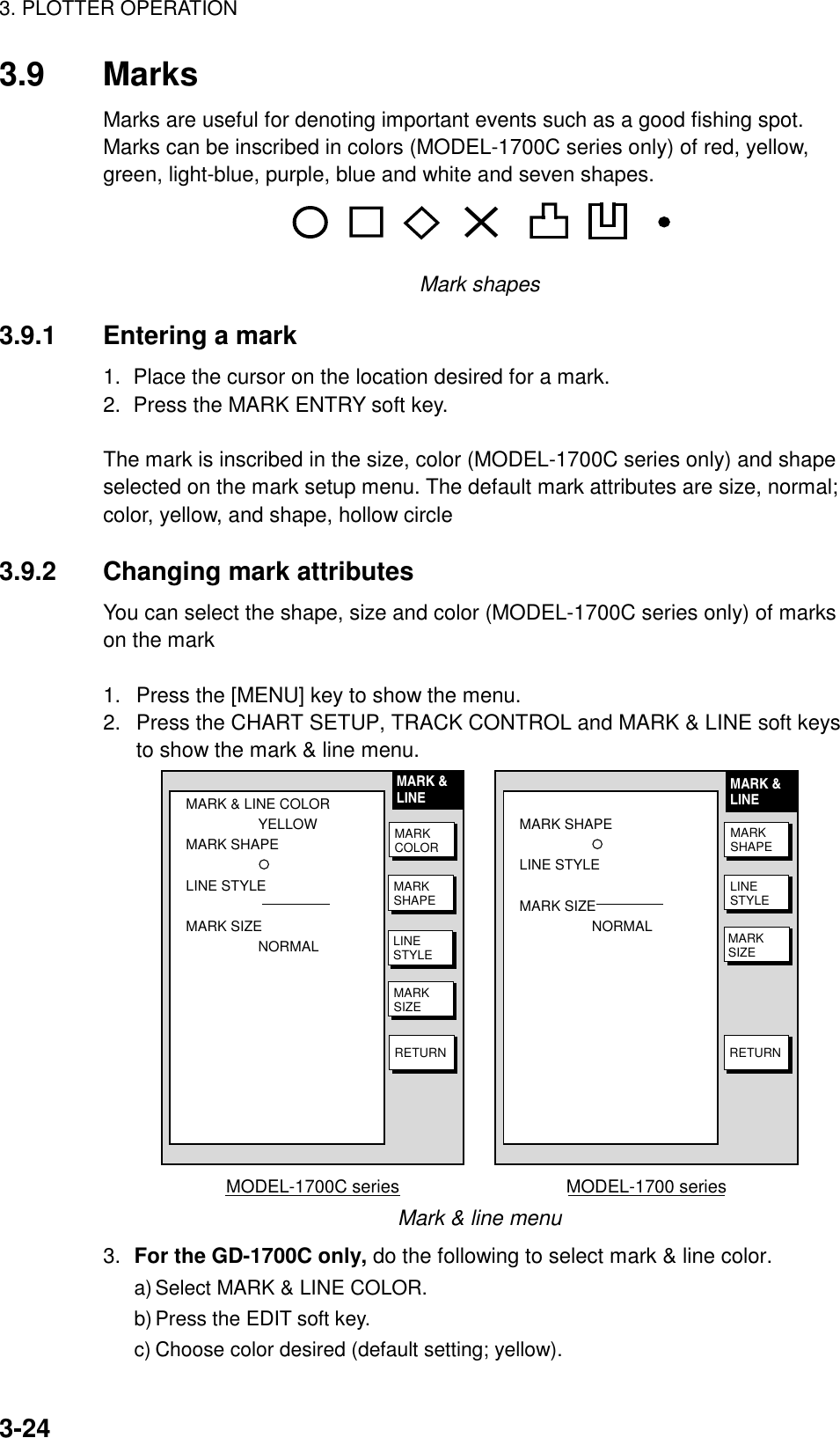 3. PLOTTER OPERATION3-243.9 MarksMarks are useful for denoting important events such as a good fishing spot.Marks can be inscribed in colors (MODEL-1700C series only) of red, yellow,green, light-blue, purple, blue and white and seven shapes.✕Mark shapes3.9.1 Entering a mark1.  Place the cursor on the location desired for a mark.2.  Press the MARK ENTRY soft key.The mark is inscribed in the size, color (MODEL-1700C series only) and shapeselected on the mark setup menu. The default mark attributes are size, normal;color, yellow, and shape, hollow circle3.9.2 Changing mark attributesYou can select the shape, size and color (MODEL-1700C series only) of markson the mark1.  Press the [MENU] key to show the menu.2.  Press the CHART SETUP, TRACK CONTROL and MARK &amp; LINE soft keysto show the mark &amp; line menu.MARK &amp; LINE COLORYELLOWMARK SHAPELINE STYLEMARK SIZENORMALMODEL-1700C seriesMARK &amp;LINEMARK SHAPELINE STYLEMARK SIZENORMALMODEL-1700 seriesMARK &amp;LINERETURNMARKSHAPERETURNMARKCOLORMARKSHAPELINESTYLEMARKSIZELINESTYLEMARKSIZEMark &amp; line menu3. For the GD-1700C only, do the following to select mark &amp; line color.a) Select MARK &amp; LINE COLOR.b) Press the EDIT soft key.c) Choose color desired (default setting; yellow).