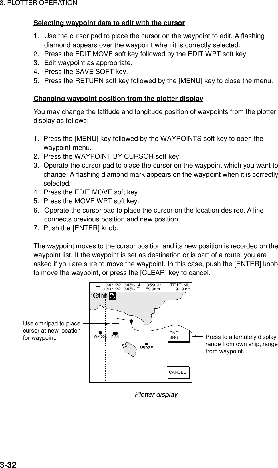 3. PLOTTER OPERATION3-32Selecting waypoint data to edit with the cursor1.  Use the cursor pad to place the cursor on the waypoint to edit. A flashingdiamond appears over the waypoint when it is correctly selected.2.  Press the EDIT MOVE soft key followed by the EDIT WPT soft key.3.  Edit waypoint as appropriate.4.  Press the SAVE SOFT key.5.  Press the RETURN soft key followed by the [MENU] key to close the menu.Changing waypoint position from the plotter displayYou may change the latitude and longitude position of waypoints from the plotterdisplay as follows:1. Press the [MENU] key followed by the WAYPOINTS soft key to open thewaypoint menu.2. Press the WAYPOINT BY CURSOR soft key.3. Operate the cursor pad to place the cursor on the waypoint which you want tochange. A flashing diamond mark appears on the waypoint when it is correctlyselected.4. Press the EDIT MOVE soft key.5. Press the MOVE WPT soft key.6.  Operate the cursor pad to place the cursor on the location desired. A lineconnects previous position and new position.7. Push the [ENTER] knob.The waypoint moves to the cursor position and its new position is recorded on thewaypoint list. If the waypoint is set as destination or is part of a route, you areasked if you are sure to move the waypoint. In this case, push the [ENTER] knobto move the waypoint, or press the [CLEAR] key to cancel.BRIDGEFISHWP-002 RNGBRGCANCELUse omnipad to placecursor at new locationfor waypoint. Press to alternately displayrange from own ship, rangefrom waypoint.1024 nm  34° 22. 3456&apos;N    359.9°      TRIP NU080° 22. 3456&apos;E    59.9nm             99.9 nmPlotter display