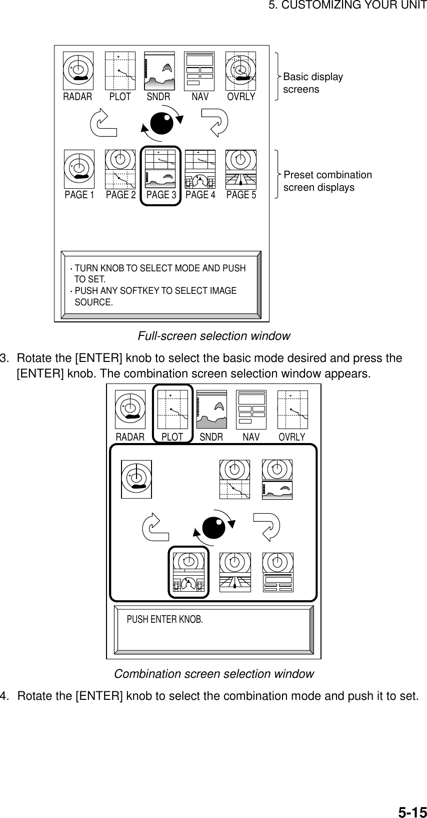 5. CUSTOMIZING YOUR UNIT5-15PAGE 1 PAGE 2 PAGE 3 PAGE 4 PAGE 5RADAR PLOT SNDR NAV OVRLY· TURN KNOB TO SELECT MODE AND PUSH  TO SET.· PUSH ANY SOFTKEY TO SELECT IMAGE  SOURCE.Basic displayscreensPreset combinationscreen displaysFull-screen selection window3.  Rotate the [ENTER] knob to select the basic mode desired and press the[ENTER] knob. The combination screen selection window appears.RADAR PLOT SNDR NAVOVRLYPUSH ENTER KNOB.Combination screen selection window4. Rotate the [ENTER] knob to select the combination mode and push it to set.