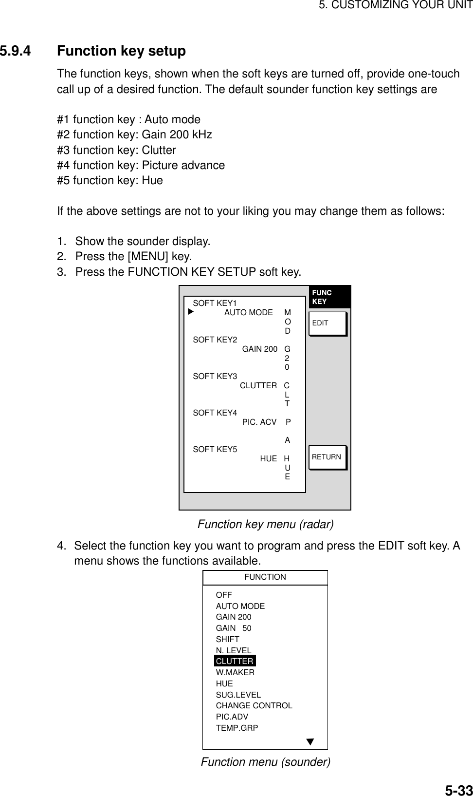 5. CUSTOMIZING YOUR UNIT5-335.9.4 Function key setupThe function keys, shown when the soft keys are turned off, provide one-touchcall up of a desired function. The default sounder function key settings are#1 function key : Auto mode#2 function key: Gain 200 kHz#3 function key: Clutter#4 function key: Picture advance#5 function key: HueIf the above settings are not to your liking you may change them as follows:1.  Show the sounder display.2.  Press the [MENU] key.3.  Press the FUNCTION KEY SETUP soft key.FUNCKEYRETURNEDITSOFT KEY1              AUTO MODE     M                                         O                                         DSOFT KEY2                      GAIN 200   G                                             2                                         0SOFT KEY3                     CLUTTER   C                                         L                                         TSOFT KEY4                      PIC. ACV    P                                                                                  ASOFT KEY5                              HUE   H                                              U                                         E▲Function key menu (radar)4. Select the function key you want to program and press the EDIT soft key. Amenu shows the functions available.▲FUNCTIONOFF AUTO MODEGAIN 200GAIN   50SHIFTN. LEVELCLUTTERW.MAKERHUESUG.LEVELCHANGE CONTROLPIC.ADVTEMP.GRPFunction menu (sounder)