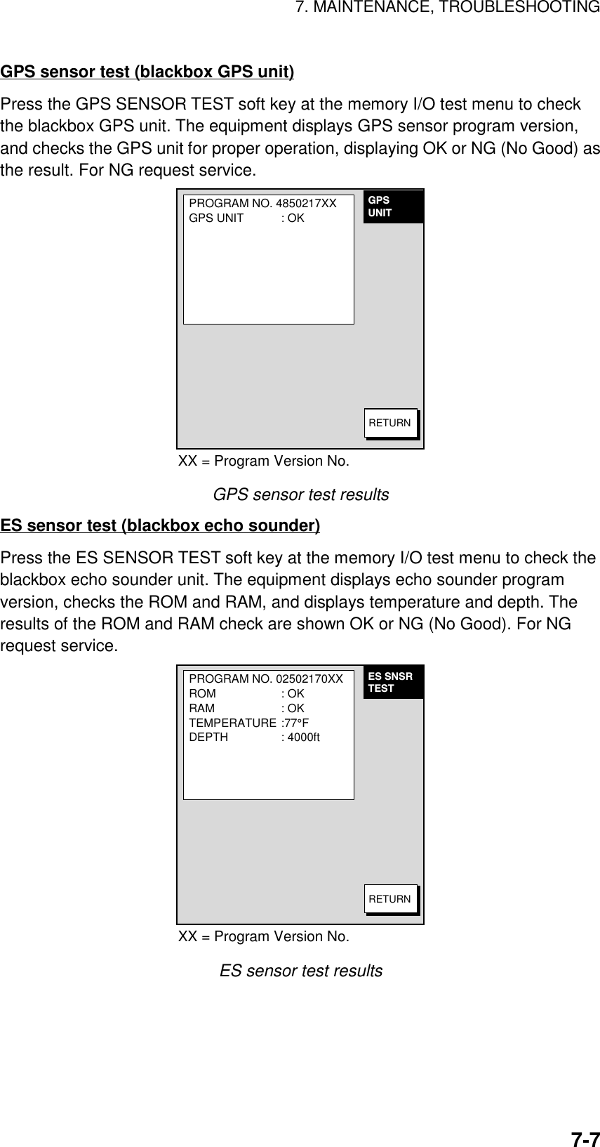 7. MAINTENANCE, TROUBLESHOOTING7-7GPS sensor test (blackbox GPS unit)Press the GPS SENSOR TEST soft key at the memory I/O test menu to checkthe blackbox GPS unit. The equipment displays GPS sensor program version,and checks the GPS unit for proper operation, displaying OK or NG (No Good) asthe result. For NG request service.PROGRAM NO. 4850217XXGPS UNIT : OKGPSUNITRETURNXX = Program Version No.GPS sensor test resultsES sensor test (blackbox echo sounder)Press the ES SENSOR TEST soft key at the memory I/O test menu to check theblackbox echo sounder unit. The equipment displays echo sounder programversion, checks the ROM and RAM, and displays temperature and depth. Theresults of the ROM and RAM check are shown OK or NG (No Good). For NGrequest service.PROGRAM NO. 02502170XXROM : OKRAM : OKTEMPERATURE :77°FDEPTH : 4000ftES SNSRTESTRETURNXX = Program Version No.ES sensor test results