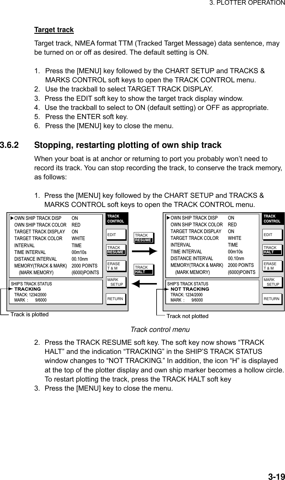 3. PLOTTER OPERATION    3-19Target track Target track, NMEA format TTM (Tracked Target Message) data sentence, may be turned on or off as desired. The default setting is ON.  1.  Press the [MENU] key followed by the CHART SETUP and TRACKS &amp; MARKS CONTROL soft keys to open the TRACK CONTROL menu. 2.  Use the trackball to select TARGET TRACK DISPLAY. 3.  Press the EDIT soft key to show the target track display window. 4.  Use the trackball to select to ON (default setting) or OFF as appropriate. 5.  Press the ENTER soft key. 6.  Press the [MENU] key to close the menu.  3.6.2  Stopping, restarting plotting of own ship track When your boat is at anchor or returning to port you probably won’t need to record its track. You can stop recording the track, to conserve the track memory, as follows:    1.  Press the [MENU] key followed by the CHART SETUP and TRACKS &amp; MARKS CONTROL soft keys to open the TRACK CONTROL menu. TRACKCONTROLEDITERASET &amp; MMARK   SETUPRETURNTRACKRESUMETRACKCONTROLEDITERASET &amp; MMARK   SETUPRETURNTRACKHALT▲▲Track is plotted Track not plottedTRACKRESUMETRACKHALTOWN SHIP TRACK DISP ONOWN SHIP TRACK COLOR REDTARGET TRACK DISPLAY ONTARGET TRACK COLOR WHITEINTERVAL TIMETIME INTERVAL 00m10sDISTANCE INTERVAL 00.10nmMEMORY(TRACK &amp; MARK) 2000 POINTS    (MARK MEMORY) (6000)POINTSSHIP’S TRACK STATUSNOT TRACKINGTRACK: 1234/2000MARK  :       9/6000OWN SHIP TRACK DISP ONOWN SHIP TRACK COLOR REDTARGET TRACK DISPLAY ONTARGET TRACK COLOR WHITEINTERVAL TIMETIME INTERVAL 00m10sDISTANCE INTERVAL 00.10nmMEMORY(TRACK &amp; MARK) 2000 POINTS    (MARK MEMORY) (6000)POINTSSHIP’S TRACK STATUSTRACKINGTRACK: 1234/2000MARK  :       9/6000 Track control menu   2.  Press the TRACK RESUME soft key. The soft key now shows “TRACK HALT” and the indication “TRACKING” in the SHIP’S TRACK STATUS window changes to “NOT TRACKING.” In addition, the icon “H” is displayed at the top of the plotter display and own ship marker becomes a hollow circle. To restart plotting the track, press the TRACK HALT soft key 3.  Press the [MENU] key to close the menu. 