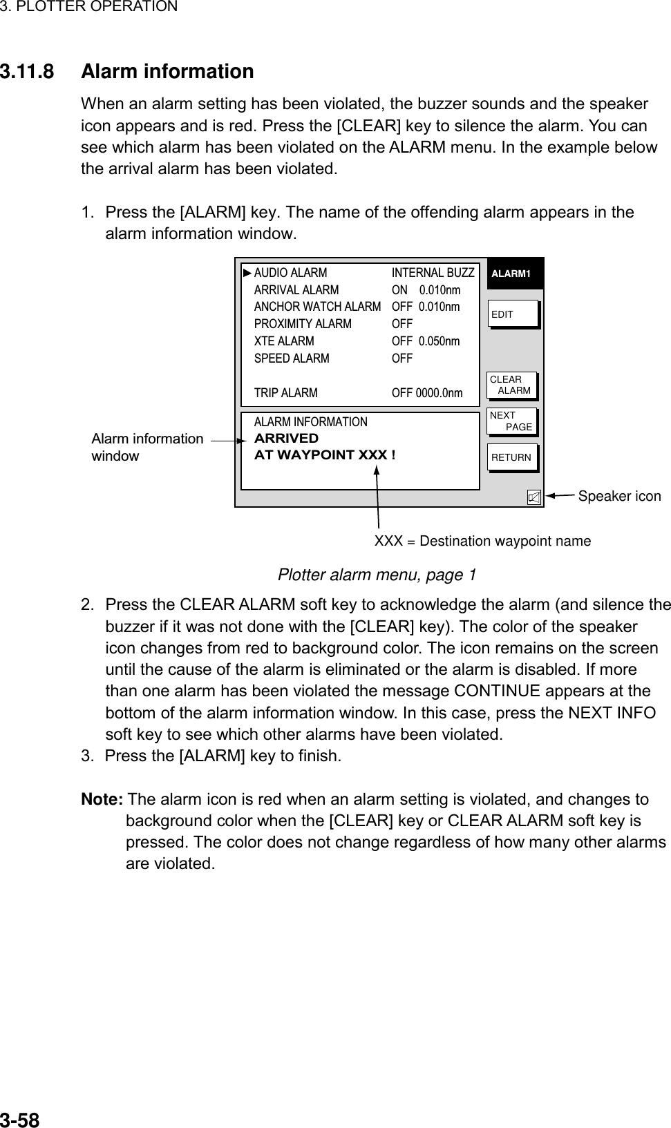 3. PLOTTER OPERATION    3-583.11.8 Alarm information When an alarm setting has been violated, the buzzer sounds and the speaker icon appears and is red. Press the [CLEAR] key to silence the alarm. You can see which alarm has been violated on the ALARM menu. In the example below the arrival alarm has been violated.  1.  Press the [ALARM] key. The name of the offending alarm appears in the alarm information window. ALARM1EDITCLEAR   ALARMNEXT      PAGERETURNAlarm informationwindowSpeaker iconXXX = Destination waypoint nameAUDIO ALARM  INTERNAL BUZZARRIVAL ALARM ON    0.010nmANCHOR WATCH ALARM OFF  0.010nmPROXIMITY ALARM OFF  XTE ALARM OFF  0.050nmSPEED ALARM OFF TRIP ALARM OFF 0000.0nmALARM INFORMATIONARRIVEDAT WAYPOINT XXX ! Plotter alarm menu, page 1   2.  Press the CLEAR ALARM soft key to acknowledge the alarm (and silence the buzzer if it was not done with the [CLEAR] key). The color of the speaker icon changes from red to background color. The icon remains on the screen until the cause of the alarm is eliminated or the alarm is disabled. If more than one alarm has been violated the message CONTINUE appears at the bottom of the alarm information window. In this case, press the NEXT INFO soft key to see which other alarms have been violated. 3.  Press the [ALARM] key to finish.  Note: The alarm icon is red when an alarm setting is violated, and changes to background color when the [CLEAR] key or CLEAR ALARM soft key is pressed. The color does not change regardless of how many other alarms are violated.   