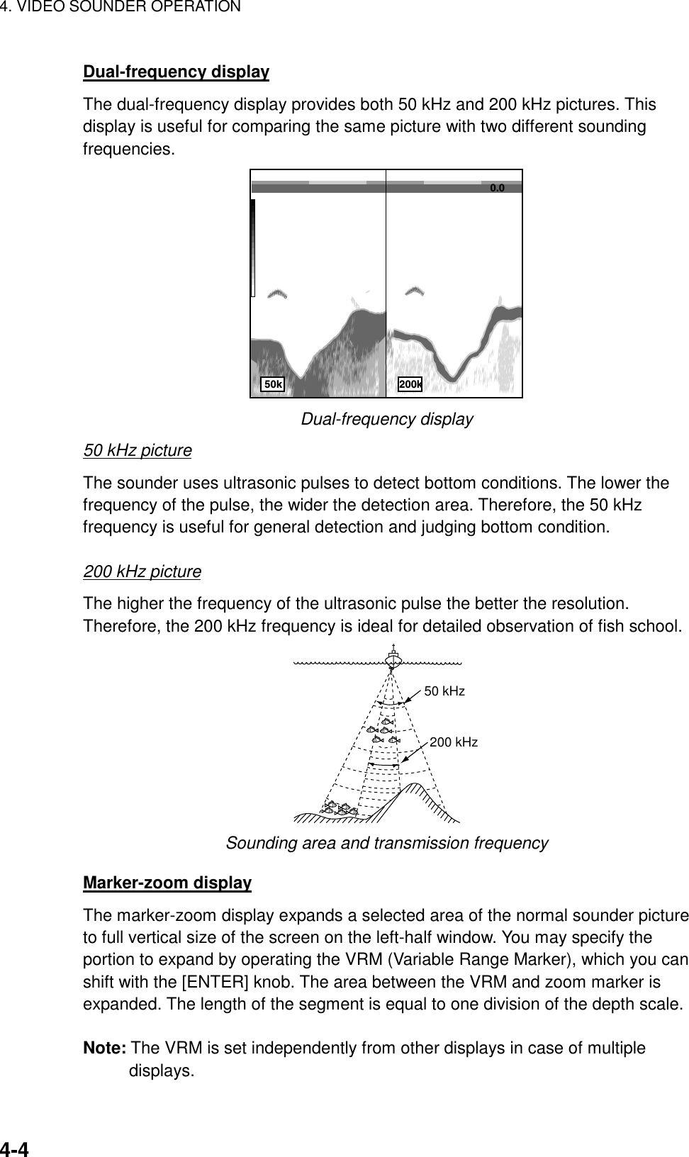 4. VIDEO SOUNDER OPERATION    4-4Dual-frequency display The dual-frequency display provides both 50 kHz and 200 kHz pictures. This display is useful for comparing the same picture with two different sounding frequencies. 0.050k 200k Dual-frequency display 50 kHz picture The sounder uses ultrasonic pulses to detect bottom conditions. The lower the frequency of the pulse, the wider the detection area. Therefore, the 50 kHz frequency is useful for general detection and judging bottom condition.  200 kHz picture The higher the frequency of the ultrasonic pulse the better the resolution. Therefore, the 200 kHz frequency is ideal for detailed observation of fish school. 50 kHz200 kHz Sounding area and transmission frequency Marker-zoom display The marker-zoom display expands a selected area of the normal sounder picture to full vertical size of the screen on the left-half window. You may specify the portion to expand by operating the VRM (Variable Range Marker), which you can shift with the [ENTER] knob. The area between the VRM and zoom marker is expanded. The length of the segment is equal to one division of the depth scale.  Note: The VRM is set independently from other displays in case of multiple displays. 