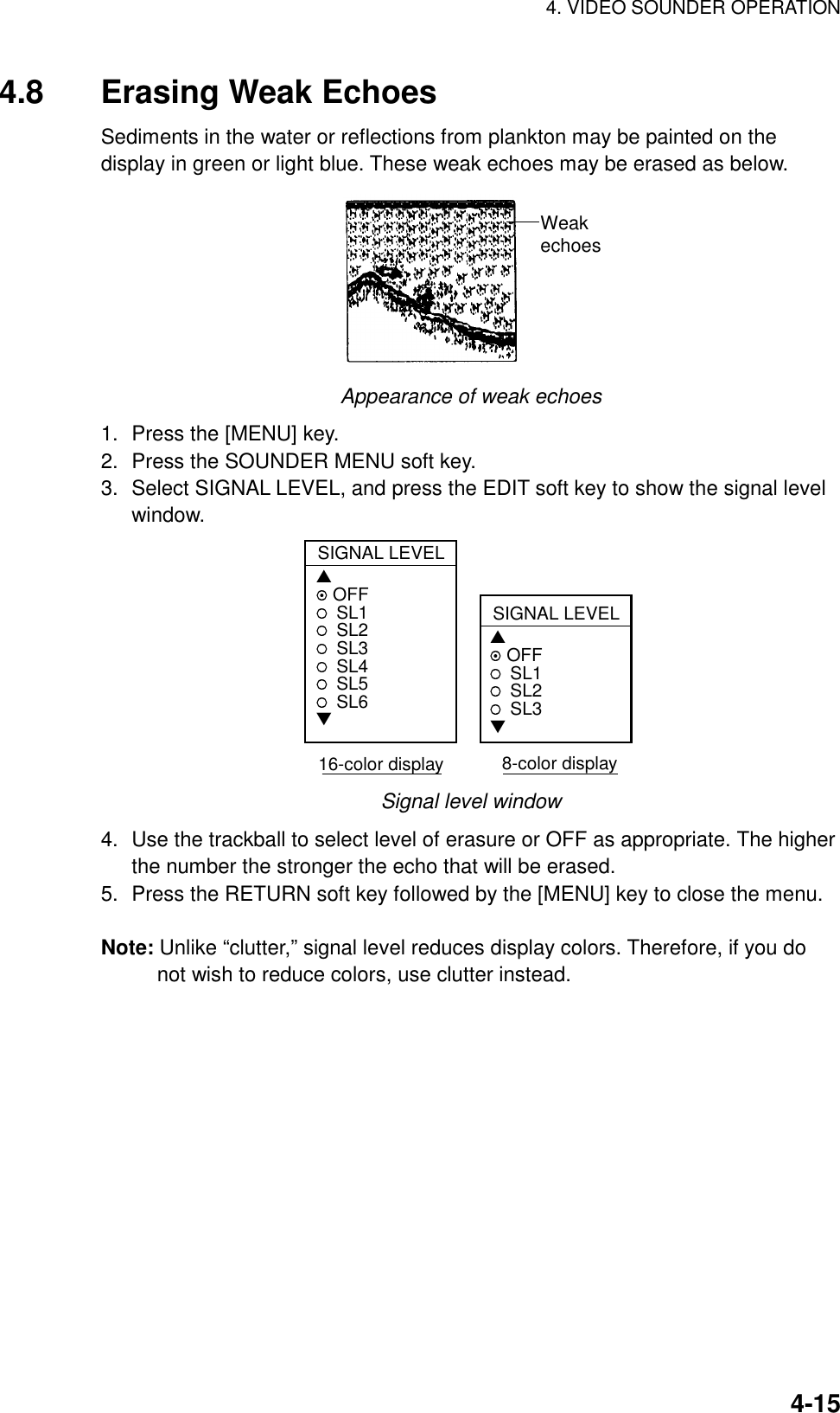 4. VIDEO SOUNDER OPERATION    4-154.8 Erasing Weak Echoes Sediments in the water or reflections from plankton may be painted on the display in green or light blue. These weak echoes may be erased as below. Weakechoes Appearance of weak echoes 1.  Press the [MENU] key. 2.  Press the SOUNDER MENU soft key. 3.  Select SIGNAL LEVEL, and press the EDIT soft key to show the signal level window. SIGNAL LEVEL▲ OFFSL1SL2SL3SL4SL5SL6▼SIGNAL LEVEL▲ OFFSL1SL2SL3▼ 16-color display   8-color display      Signal level window 4.  Use the trackball to select level of erasure or OFF as appropriate. The higher the number the stronger the echo that will be erased.   5.  Press the RETURN soft key followed by the [MENU] key to close the menu.  Note: Unlike “clutter,” signal level reduces display colors. Therefore, if you do not wish to reduce colors, use clutter instead.   