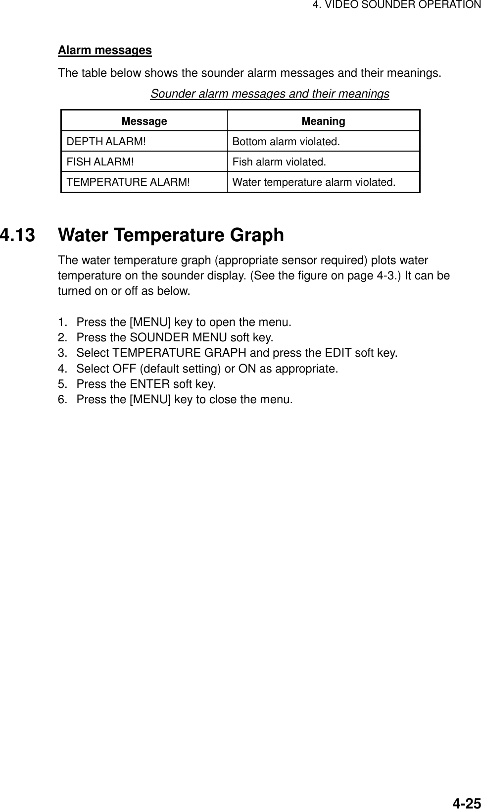 4. VIDEO SOUNDER OPERATION    4-25Alarm messages The table below shows the sounder alarm messages and their meanings. Sounder alarm messages and their meanings Message Meaning DEPTH ALARM!  Bottom alarm violated. FISH ALARM!  Fish alarm violated. TEMPERATURE ALARM!  Water temperature alarm violated.   4.13  Water Temperature Graph The water temperature graph (appropriate sensor required) plots water temperature on the sounder display. (See the figure on page 4-3.) It can be turned on or off as below.  1.  Press the [MENU] key to open the menu. 2.  Press the SOUNDER MENU soft key. 3.  Select TEMPERATURE GRAPH and press the EDIT soft key. 4.  Select OFF (default setting) or ON as appropriate. 5.  Press the ENTER soft key. 6.  Press the [MENU] key to close the menu.   