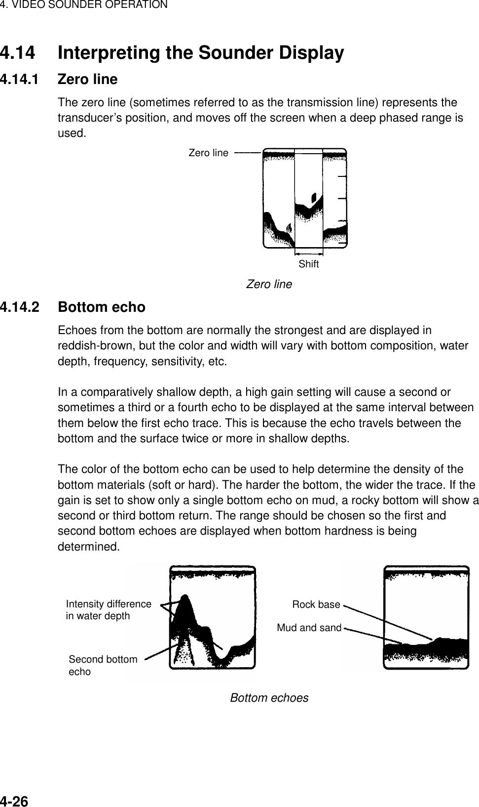 4. VIDEO SOUNDER OPERATION    4-264.14  Interpreting the Sounder Display 4.14.1 Zero line The zero line (sometimes referred to as the transmission line) represents the transducer’s position, and moves off the screen when a deep phased range is used. Zero lineShift Zero line 4.14.2 Bottom echo Echoes from the bottom are normally the strongest and are displayed in reddish-brown, but the color and width will vary with bottom composition, water depth, frequency, sensitivity, etc.  In a comparatively shallow depth, a high gain setting will cause a second or sometimes a third or a fourth echo to be displayed at the same interval between them below the first echo trace. This is because the echo travels between the bottom and the surface twice or more in shallow depths.  The color of the bottom echo can be used to help determine the density of the bottom materials (soft or hard). The harder the bottom, the wider the trace. If the gain is set to show only a single bottom echo on mud, a rocky bottom will show a second or third bottom return. The range should be chosen so the first and second bottom echoes are displayed when bottom hardness is being determined. Intensity differencein water depthSecond bottomechoRock baseMud and sand Bottom echoes 