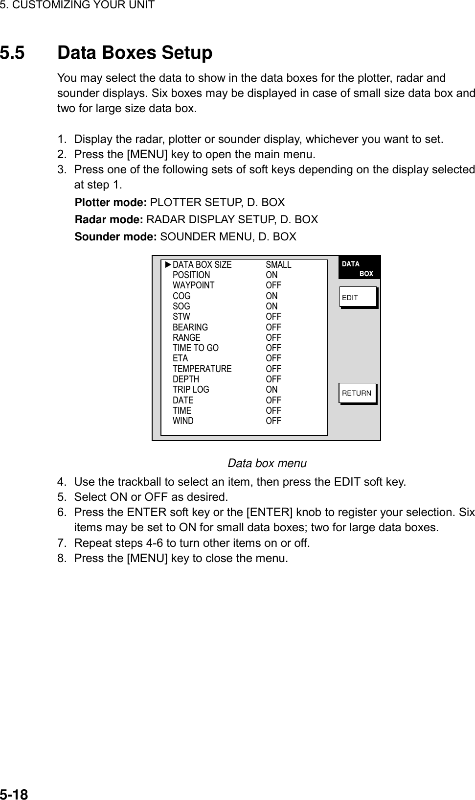 5. CUSTOMIZING YOUR UNIT    5-185.5  Data Boxes Setup You may select the data to show in the data boxes for the plotter, radar and sounder displays. Six boxes may be displayed in case of small size data box and two for large size data box.    1.  Display the radar, plotter or sounder display, whichever you want to set. 2.  Press the [MENU] key to open the main menu. 3.  Press one of the following sets of soft keys depending on the display selected at step 1. Plotter mode: PLOTTER SETUP, D. BOX   Radar mode: RADAR DISPLAY SETUP, D. BOX Sounder mode: SOUNDER MENU, D. BOX DATA          BOXEDITRETURN▲DATA BOX SIZE SMALLPOSITION ONWAYPOINT OFFCOG ONSOG ONSTW OFFBEARING OFFRANGE OFFTIME TO GO OFFETA OFFTEMPERATURE OFFDEPTH OFFTRIP LOG ONDATE OFFTIME OFFWIND OFF Data box menu 4.  Use the trackball to select an item, then press the EDIT soft key.   5.  Select ON or OFF as desired. 6.  Press the ENTER soft key or the [ENTER] knob to register your selection. Six items may be set to ON for small data boxes; two for large data boxes. 7.  Repeat steps 4-6 to turn other items on or off. 8.  Press the [MENU] key to close the menu.  