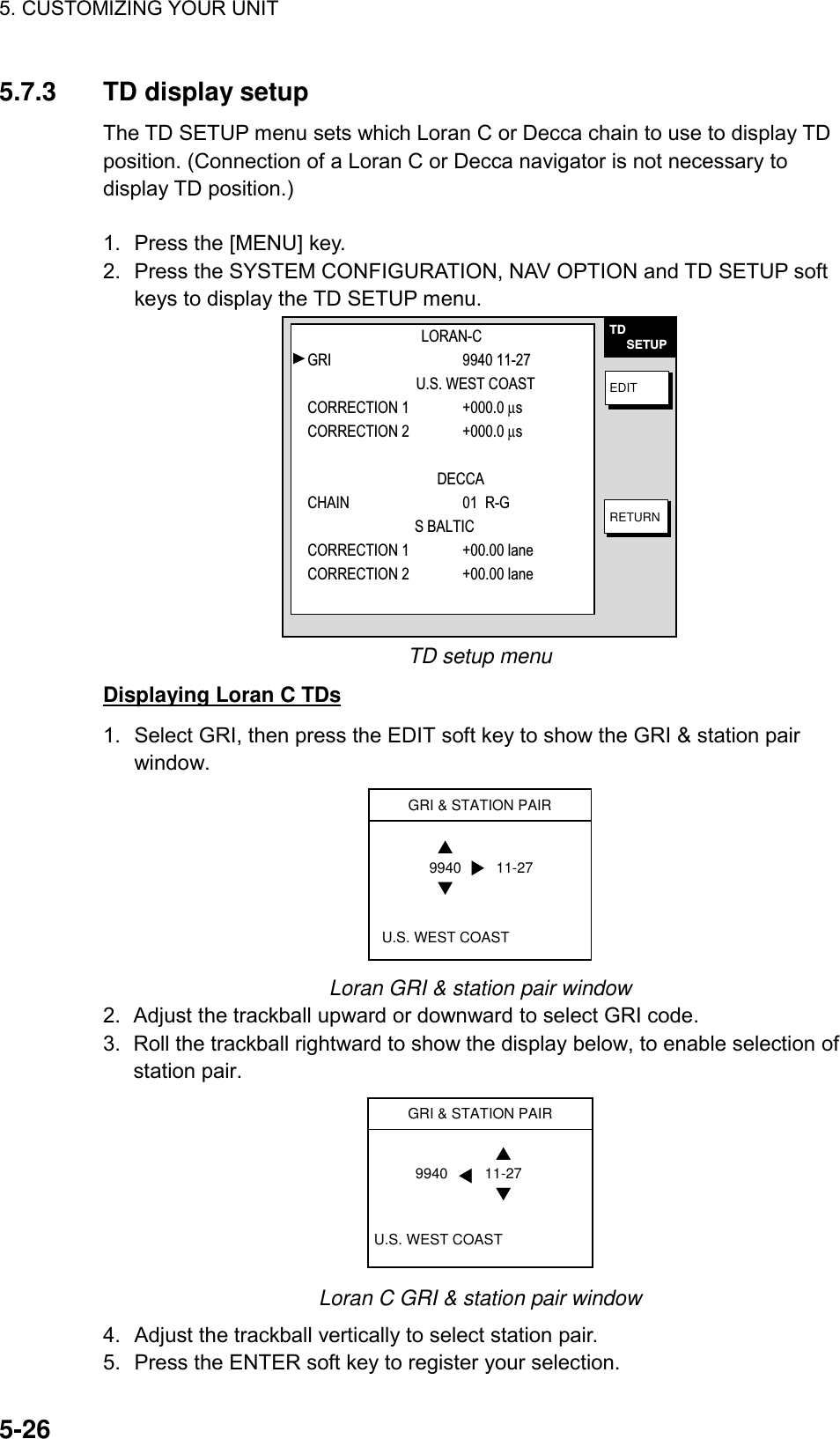 5. CUSTOMIZING YOUR UNIT    5-265.7.3  TD display setup The TD SETUP menu sets which Loran C or Decca chain to use to display TD position. (Connection of a Loran C or Decca navigator is not necessary to display TD position.)    1.  Press the [MENU] key. 2.  Press the SYSTEM CONFIGURATION, NAV OPTION and TD SETUP soft keys to display the TD SETUP menu. TD     SETUPEDITRETURNLORAN-C   GRI 9940 11-27                             U.S. WEST COASTCORRECTION 1 +000.0 µsCORRECTION 2 +000.0 µs                              DECCACHAIN 01  R-G                      S BALTICCORRECTION 1 +00.00 laneCORRECTION 2 +00.00 lane TD setup menu Displaying Loran C TDs 1.  Select GRI, then press the EDIT soft key to show the GRI &amp; station pair window. GRI &amp; STATION PAIRU.S. WEST COAST9940 11-27▲▼▼ Loran GRI &amp; station pair window 2. Adjust the trackball upward or downward to select GRI code.   3.  Roll the trackball rightward to show the display below, to enable selection of station pair. GRI &amp; STATION PAIRU.S. WEST COAST11-279940▲▼▼ Loran C GRI &amp; station pair window 4.  Adjust the trackball vertically to select station pair. 5.  Press the ENTER soft key to register your selection. 