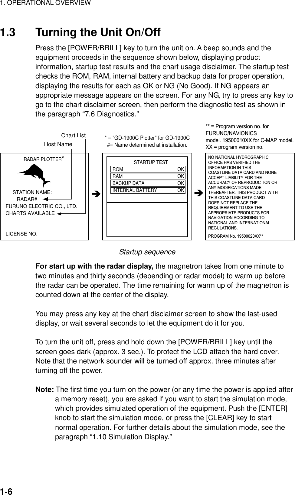 1. OPERATIONAL OVERVIEW    1-61.3  Turning the Unit On/Off Press the [POWER/BRILL] key to turn the unit on. A beep sounds and the equipment proceeds in the sequence shown below, displaying product information, startup test results and the chart usage disclaimer. The startup test checks the ROM, RAM, internal battery and backup data for proper operation, displaying the results for each as OK or NG (No Good). If NG appears an appropriate message appears on the screen. For any NG, try to press any key to go to the chart disclaimer screen, then perform the diagnostic test as shown in the paragraph “7.6 Diagnostics.”   RADAR PLOTTER*      STATION NAME:        RADAR#FURUNO ELECTRIC CO., LTD.CHARTS AVAILABLELICENSE NO.                 STARTUP TESTROM OKRAM OKBACKUP DATA OKINTERNAL BATTERY OKHost NameChart ListNO NATIONAL HYDROGRAPHICOFFICE HAS VERIFIED THEINFORMATION IN THISCOASTLINE DATA CARD AND NONEACCEPT LIABILITY FOR THE ACCURACY OF REPRODUCTION ORANY MODIFICATIONS MADE THEREAFTER. THIS PRODUCT WITHTHIS COASTLINE DATA CARDDOES NOT REPLACE THE REQUIREMENT TO USE THEAPPROPRIATE PRODUCTS FORNAVIGATION ACCORDING TONATIONAL AND INTERNATIONALREGULATIONS.PROGRAM No. 19500020XX**** = Program version no. forFURUNO/NAVIONICSmodel. 19500010XX for C-MAP model.XX = program version no.* = &quot;GD-1900C Plotter&quot; for GD-1900C#= Name determined at installation. Startup sequence For start up with the radar display, the magnetron takes from one minute to two minutes and thirty seconds (depending or radar model) to warm up before the radar can be operated. The time remaining for warm up of the magnetron is counted down at the center of the display.  You may press any key at the chart disclaimer screen to show the last-used display, or wait several seconds to let the equipment do it for you.  To turn the unit off, press and hold down the [POWER/BRILL] key until the screen goes dark (approx. 3 sec.). To protect the LCD attach the hard cover. Note that the network sounder will be turned off approx. three minutes after turning off the power.  Note: The first time you turn on the power (or any time the power is applied after a memory reset), you are asked if you want to start the simulation mode, which provides simulated operation of the equipment. Push the [ENTER] knob to start the simulation mode, or press the [CLEAR] key to start normal operation. For further details about the simulation mode, see the paragraph “1.10 Simulation Display.”        