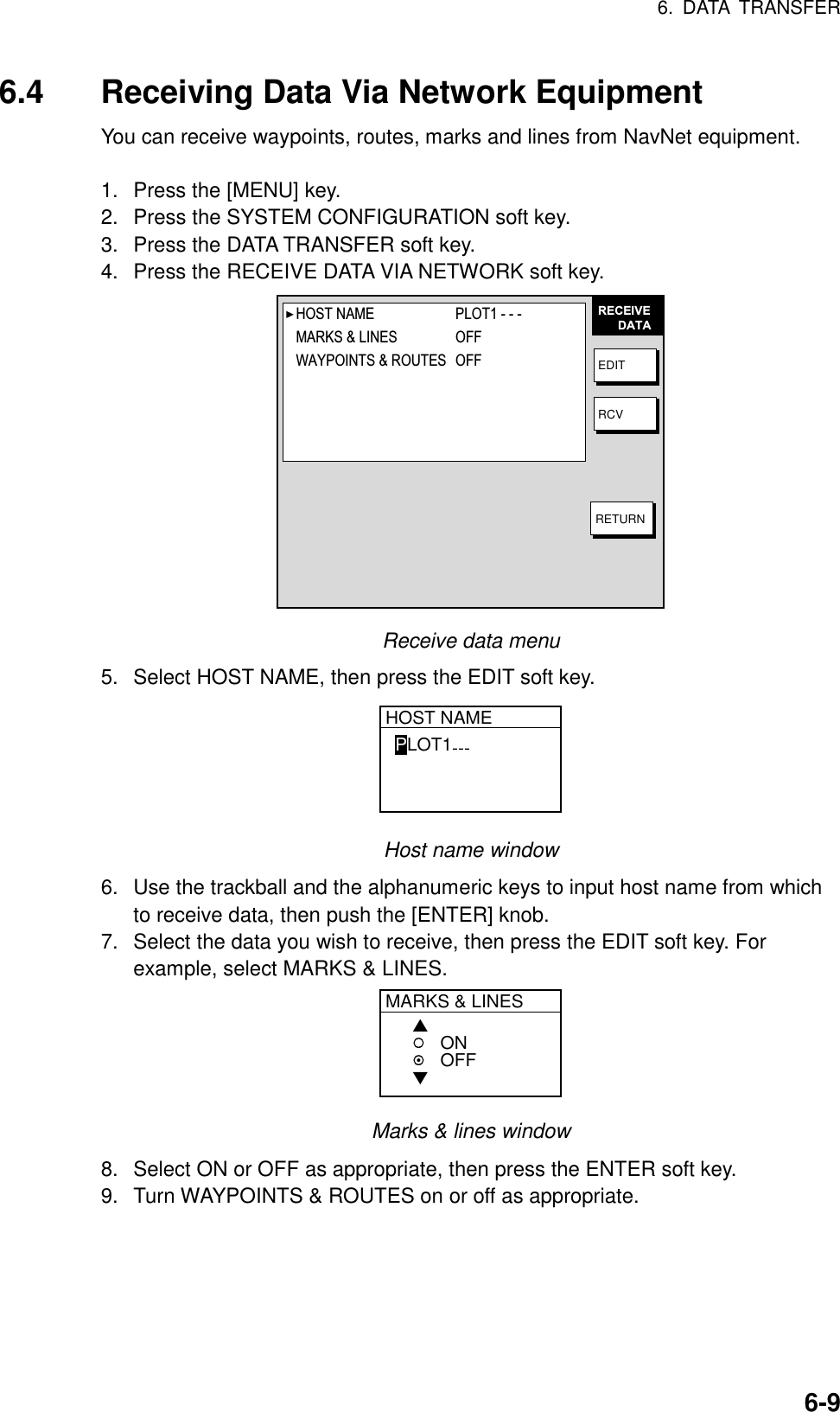 6. DATA TRANSFER    6-96.4  Receiving Data Via Network Equipment You can receive waypoints, routes, marks and lines from NavNet equipment.  1.  Press the [MENU] key. 2.  Press the SYSTEM CONFIGURATION soft key. 3.  Press the DATA TRANSFER soft key. 4.  Press the RECEIVE DATA VIA NETWORK soft key. RECEIVE      DATAEDITRCVRETURNHOST NAME   PLOT1 - - - MARKS &amp; LINES   OFFWAYPOINTS &amp; ROUTES   OFF Receive data menu 5.  Select HOST NAME, then press the EDIT soft key. HOST NAMEPLOT1--- Host name window 6.  Use the trackball and the alphanumeric keys to input host name from which to receive data, then push the [ENTER] knob. 7.  Select the data you wish to receive, then press the EDIT soft key. For example, select MARKS &amp; LINES. MARKS &amp; LINES▲▼ONOFF Marks &amp; lines window 8.  Select ON or OFF as appropriate, then press the ENTER soft key. 9.  Turn WAYPOINTS &amp; ROUTES on or off as appropriate. 