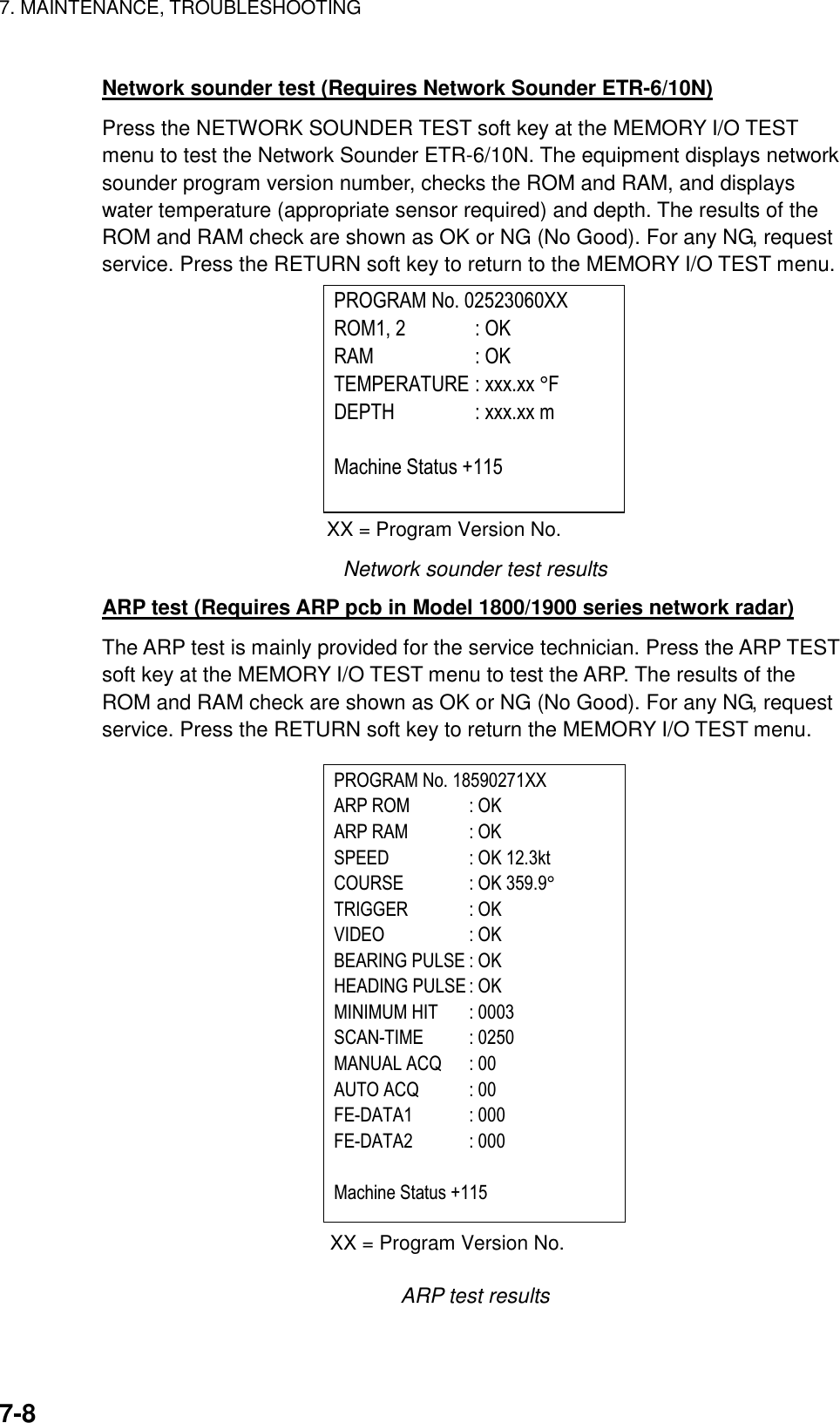 7. MAINTENANCE, TROUBLESHOOTING    7-8Network sounder test (Requires Network Sounder ETR-6/10N) Press the NETWORK SOUNDER TEST soft key at the MEMORY I/O TEST menu to test the Network Sounder ETR-6/10N. The equipment displays network sounder program version number, checks the ROM and RAM, and displays water temperature (appropriate sensor required) and depth. The results of the ROM and RAM check are shown as OK or NG (No Good). For any NG, request service. Press the RETURN soft key to return to the MEMORY I/O TEST menu. XX = Program Version No.PROGRAM No. 02523060XXROM1, 2 : OKRAM : OKTEMPERATURE : xxx.xx °FDEPTH : xxx.xx mMachine Status +115 Network sounder test results   ARP test (Requires ARP pcb in Model 1800/1900 series network radar) The ARP test is mainly provided for the service technician. Press the ARP TEST soft key at the MEMORY I/O TEST menu to test the ARP. The results of the ROM and RAM check are shown as OK or NG (No Good). For any NG, request service. Press the RETURN soft key to return the MEMORY I/O TEST menu. XX = Program Version No.PROGRAM No. 18590271XXARP ROM : OK     ARP RAM  : OKSPEED : OK 12.3ktCOURSE : OK 359.9°TRIGGER : OKVIDEO : OKBEARING PULSE : OKHEADING PULSE : OKMINIMUM HIT : 0003SCAN-TIME : 0250MANUAL ACQ : 00AUTO ACQ : 00FE-DATA1 : 000FE-DATA2 : 000Machine Status +115 ARP test results 